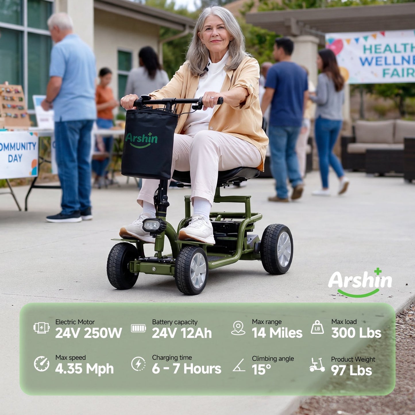 Arshin Mobility Scooter for Seniors & Adults,24V 250W Lightweight Foldable,300 lbs Capacity,Adjustable Speed(Green)