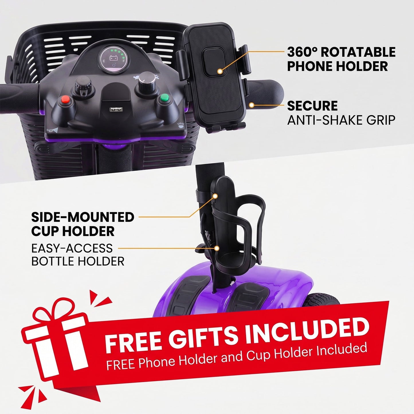 Arshin Improve 4 Wheel Mobility Scooter for Seniors,Foldable Powered Mobile Wheelchair for Adult 300lbs,Purple