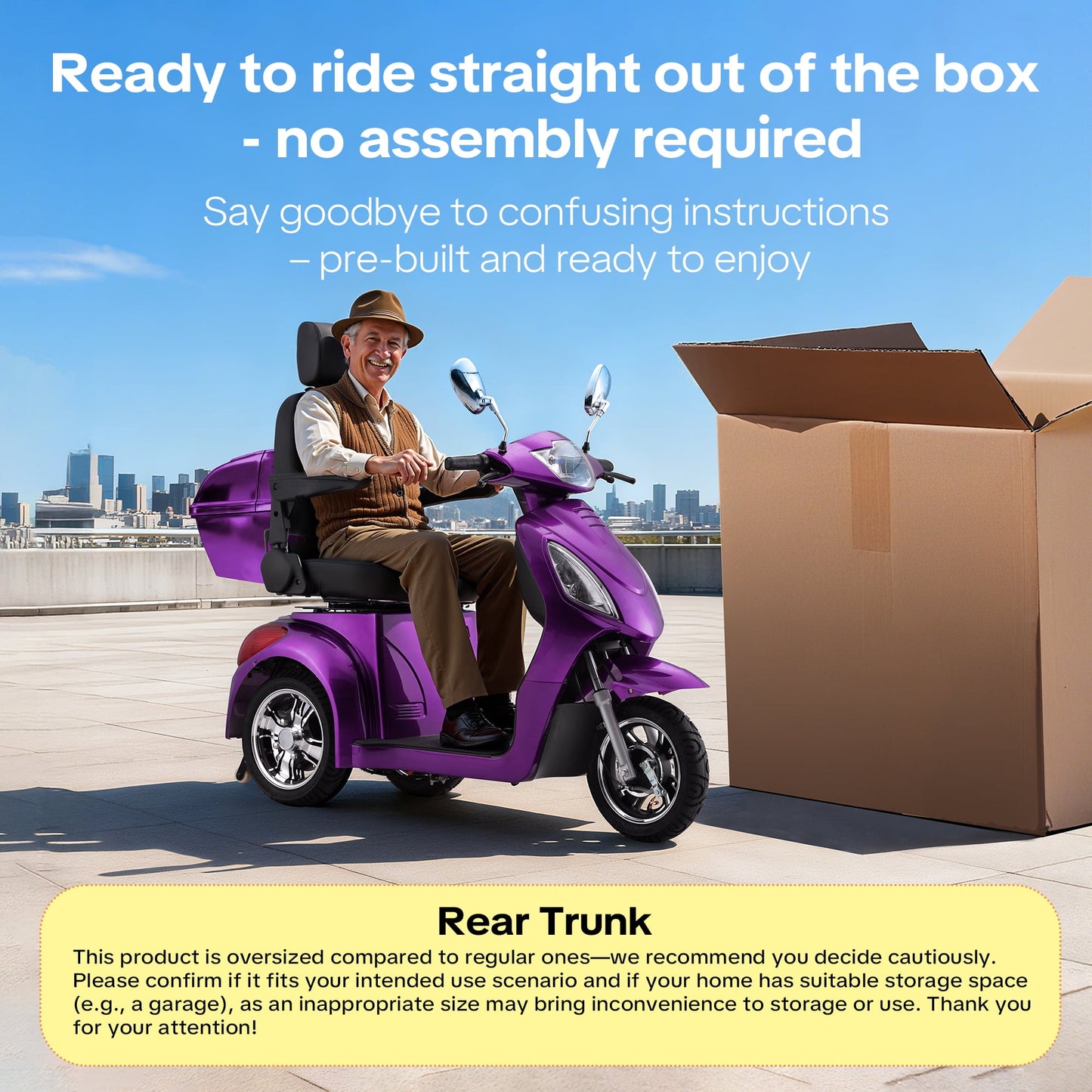 Arshin 3-Wheel Mobility Scooter for Seniors–500 lb Capacity,800W Motor,31-Mile Long Range,15 MPH Top Speed,Premium Comfort Seat,Rear Trunk,No Assembly(Purple)