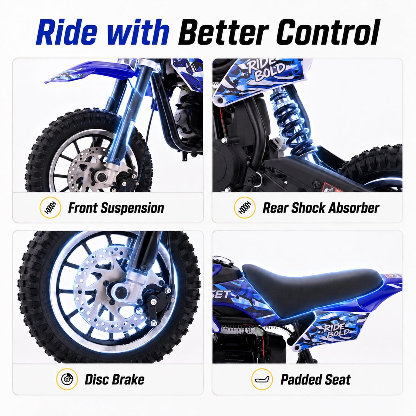 QEASET Mini Bicycles Ride-On Toy, 39cc 4-Stroke Gas Powered Off-Road Motorcycle with Rear Suspension & Disc Brakes, 18 MPH Top Speed, Supports Up to 165 lbs, Blue