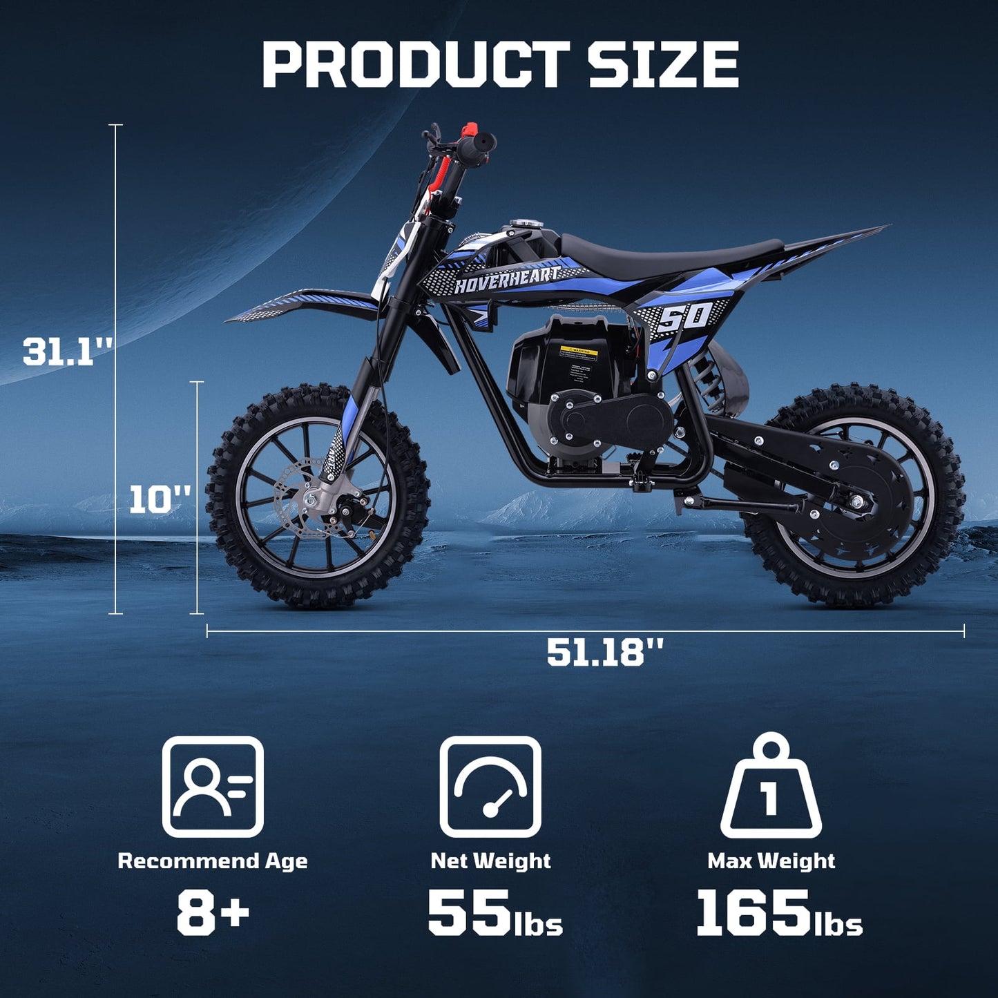 Gas Dirt Bike, 50cc 4-Stroke Gas Powered Kids Off Road Motorcycle (Model-DB4S004) with Off-Road Tire, Suspensions, Disc Brakes, Max Load 165Lbs, Up to 25Mph, NO OIL MIX REQUIRED