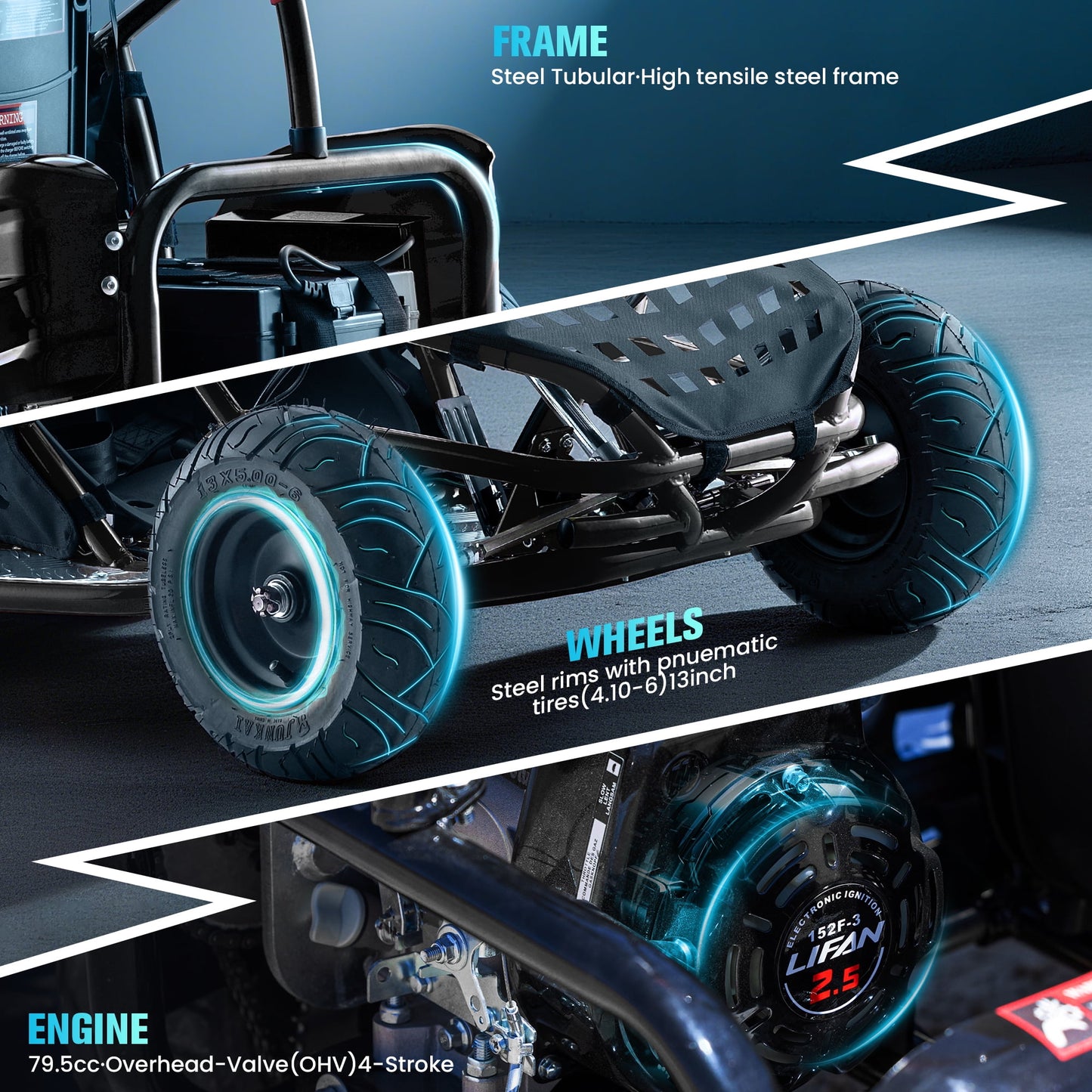 QEASET 48V Electric Go-Kart 1000W Brushless Motor, 20mph Max, 13" All-Terrain Tires, High-Tensile Steel Frame, 4-Point Seat Belt, 3-Speed Control, Hydraulic Disc Brake,Black