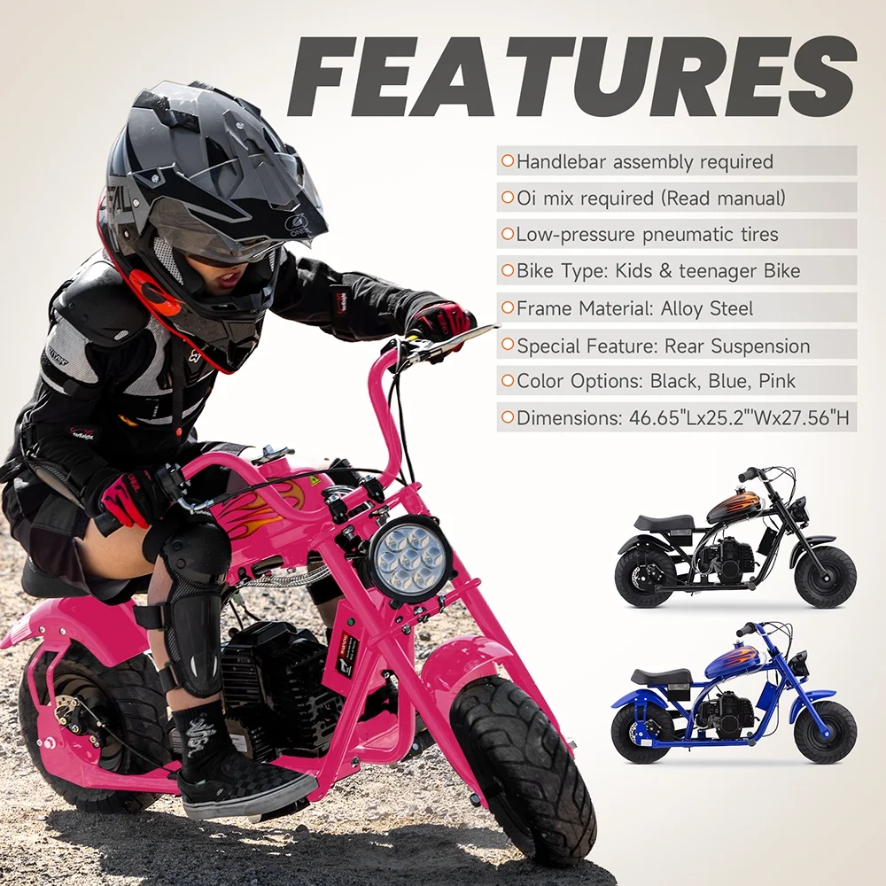 QEASET Mini Off-Road Dirt Bike, 49 CC 2-Stroke Gas Chopper Bike with Off-Road Tire, Disc Brakes, Max Load 160Lbs, Max Speed 18Mph, Pink