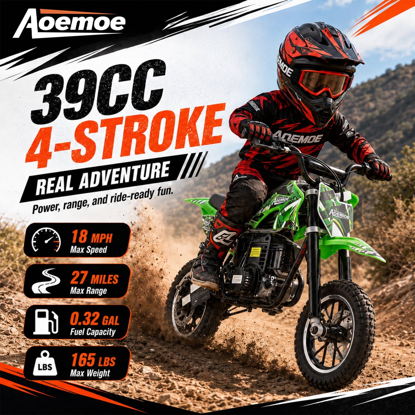 Aoemoe 49cc Kids Dirt Bike, Gasoline Powered 2-Stroke Mini Motorcycle, 1-Seater, Green