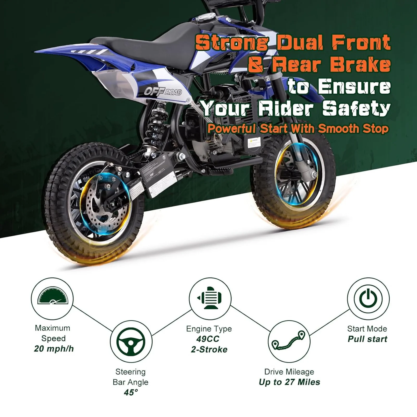 49CC Dirt Bike, Mini Bike 2-Stroke Gas Powered off Road with Max Speed 20MPH, Pull Start