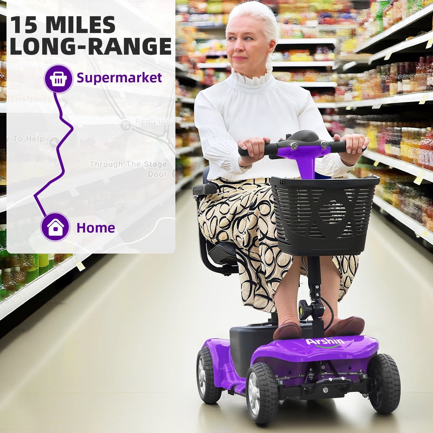 Arshin Mobility Scooters for Seniors,4 Wheels Mobility Scooters Lightweight and Portable,180W 24V Motor,Suitable for Travel,Adults,Elderly(Purple)