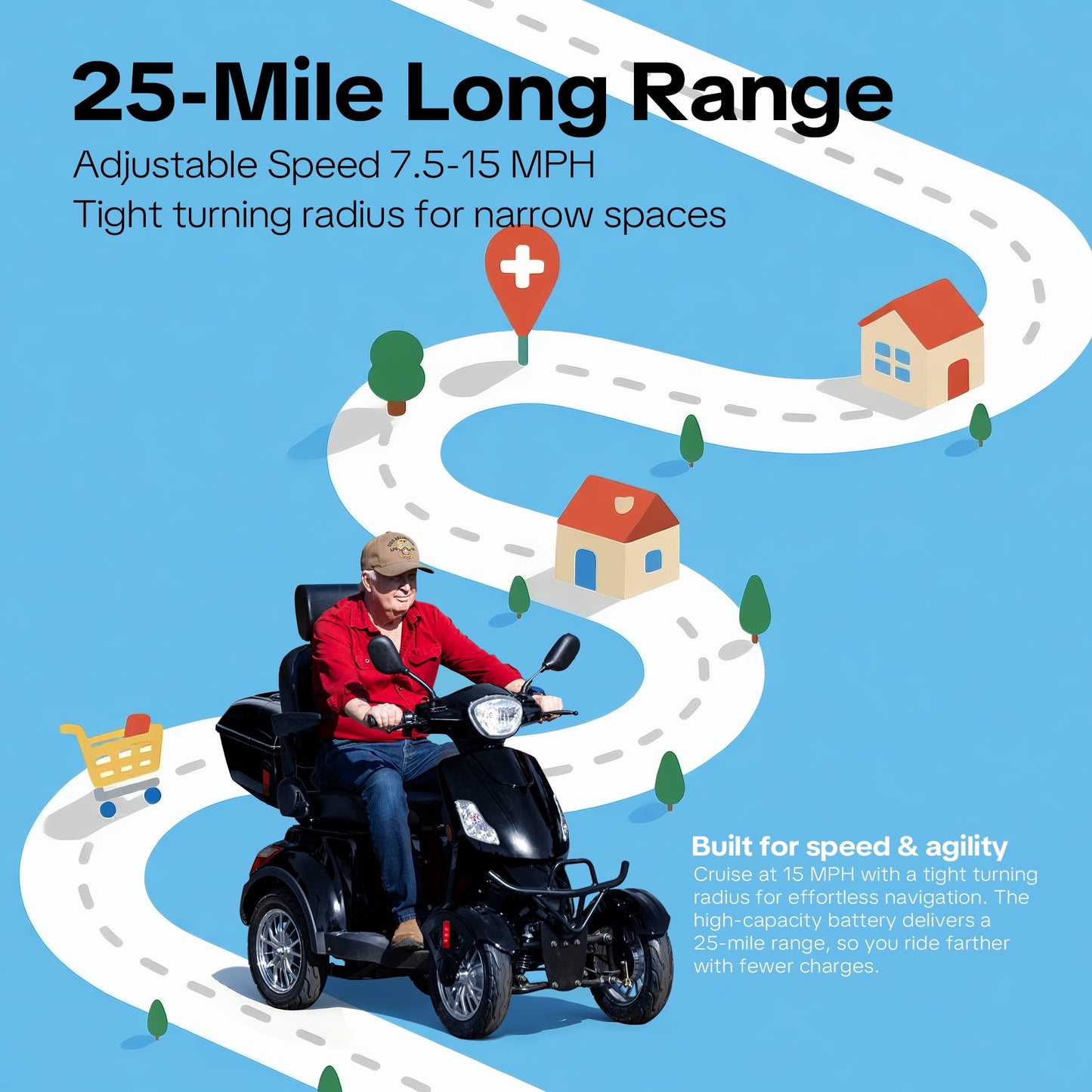 Upgrade Heavy Duty 4 Wheel Mobility Scooters for Seniors & Adults 500lbs Capacity,Arshin 800W All Terrain Fast Mobility Scooter for Travel,Electric Powered Chair,25 Miles Rang,Remote Key(Black)