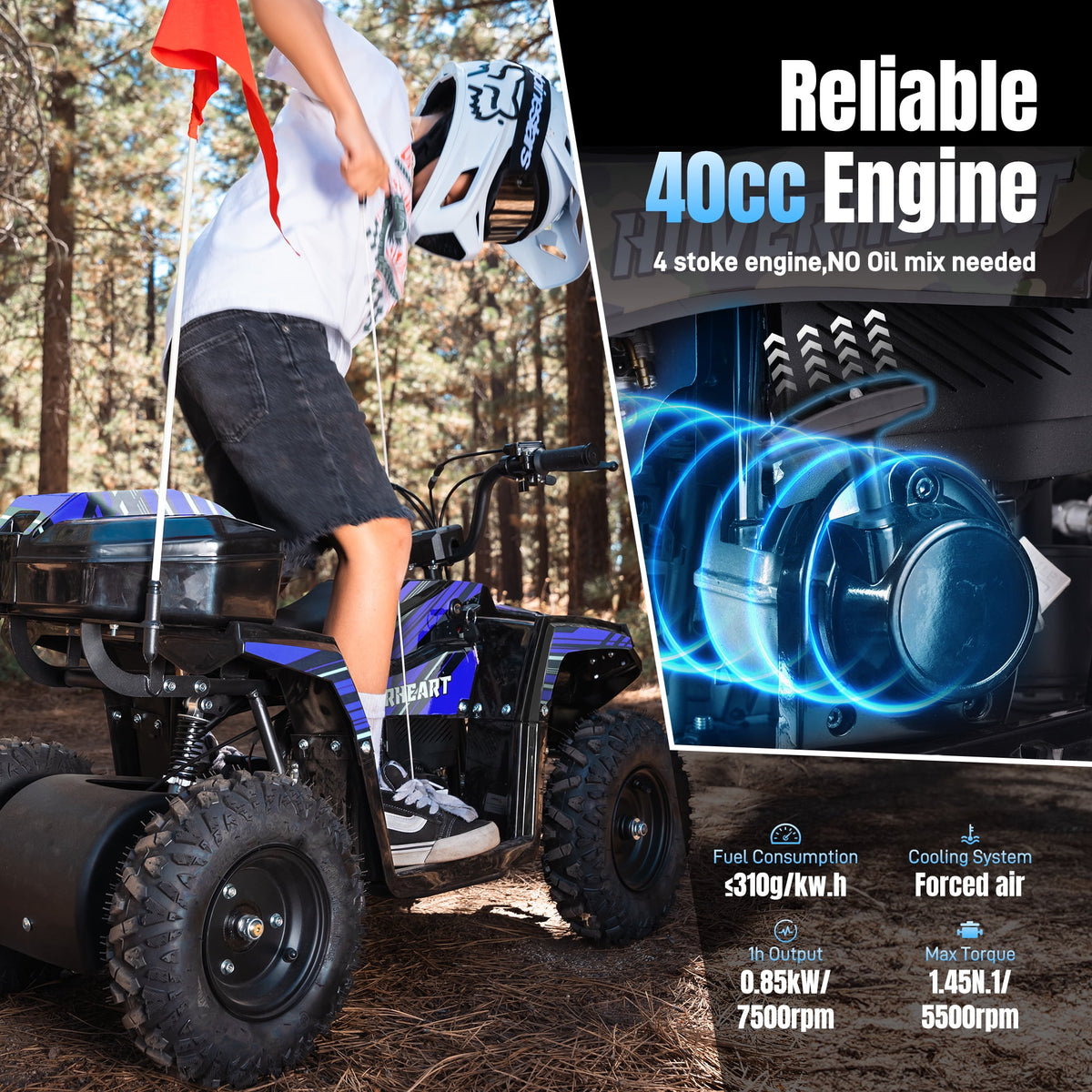 IVFJFV 40 cc Trail Blazer Ride-On Buggy,4 Stroke Dual-Speed Off-road 4-Wheeler, Key-Lock Safe & 10-15mph, Front & Rear Shocks and Knobby Tires for Grass, Dirt and Gravel,BLUE