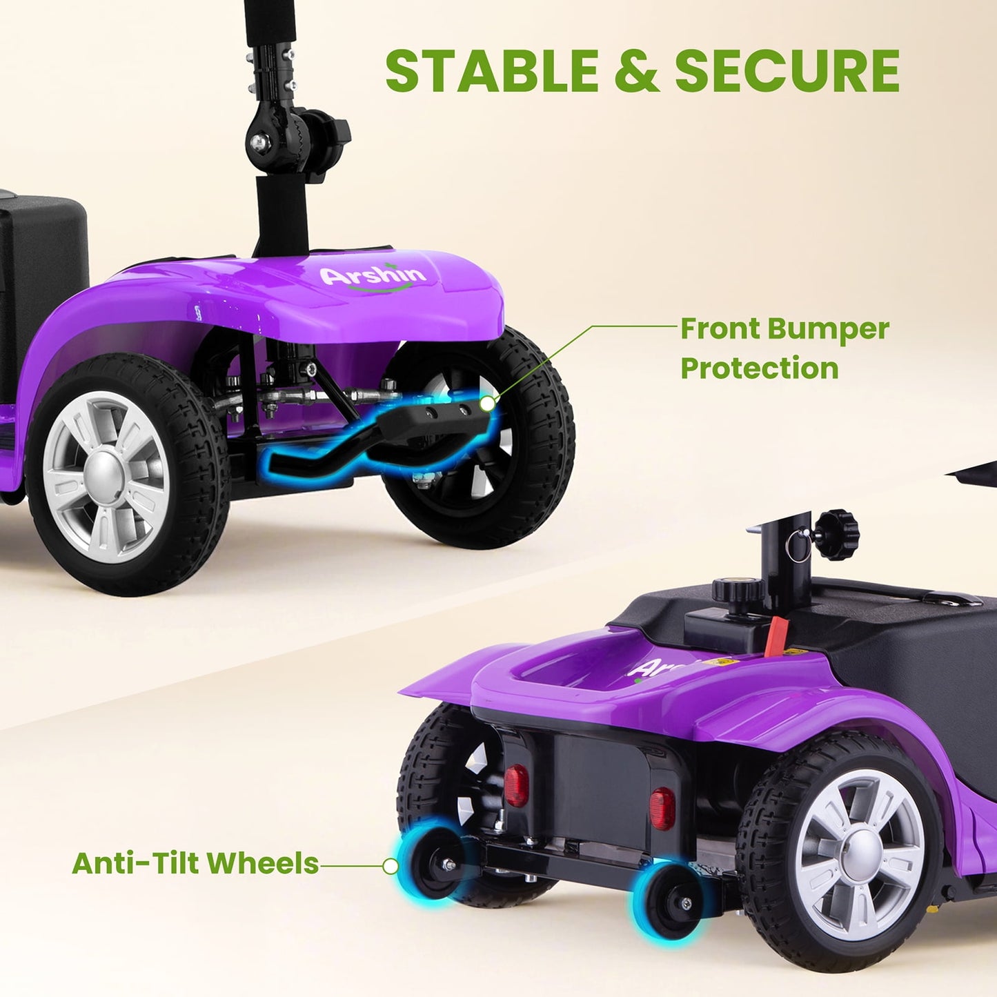 Arshin Mobility Scooters for Seniors,4 Wheels Mobility Scooters Lightweight and Portable,180W 24V Motor,Suitable for Travel,Adults,Elderly(Purple)