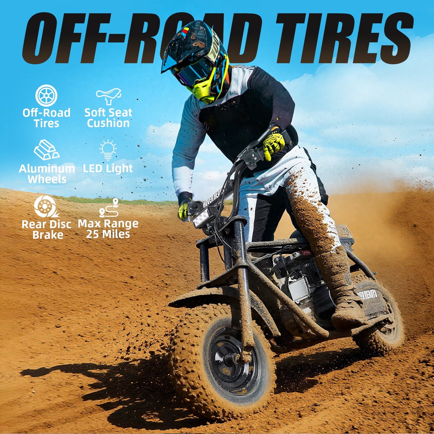 QEASET 99cc Dirt Bike, Gas Powered, 4-Stroke with LED Headlight, 25MPH Minibike Trail Bike, Pull Start, Poucket Bike for Teenager and Adult, Summer Gift