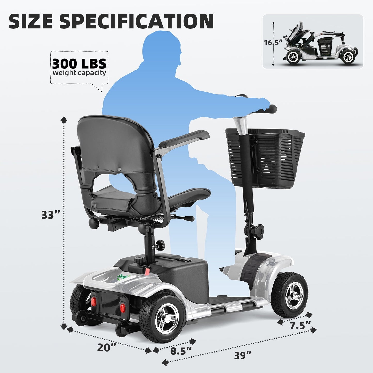Arshin Mobility Scooter,4 Wheel Mobility Scooter for Adults,Senior,Electric Powered Wheelchair Chargeable Device for Travel,Silver