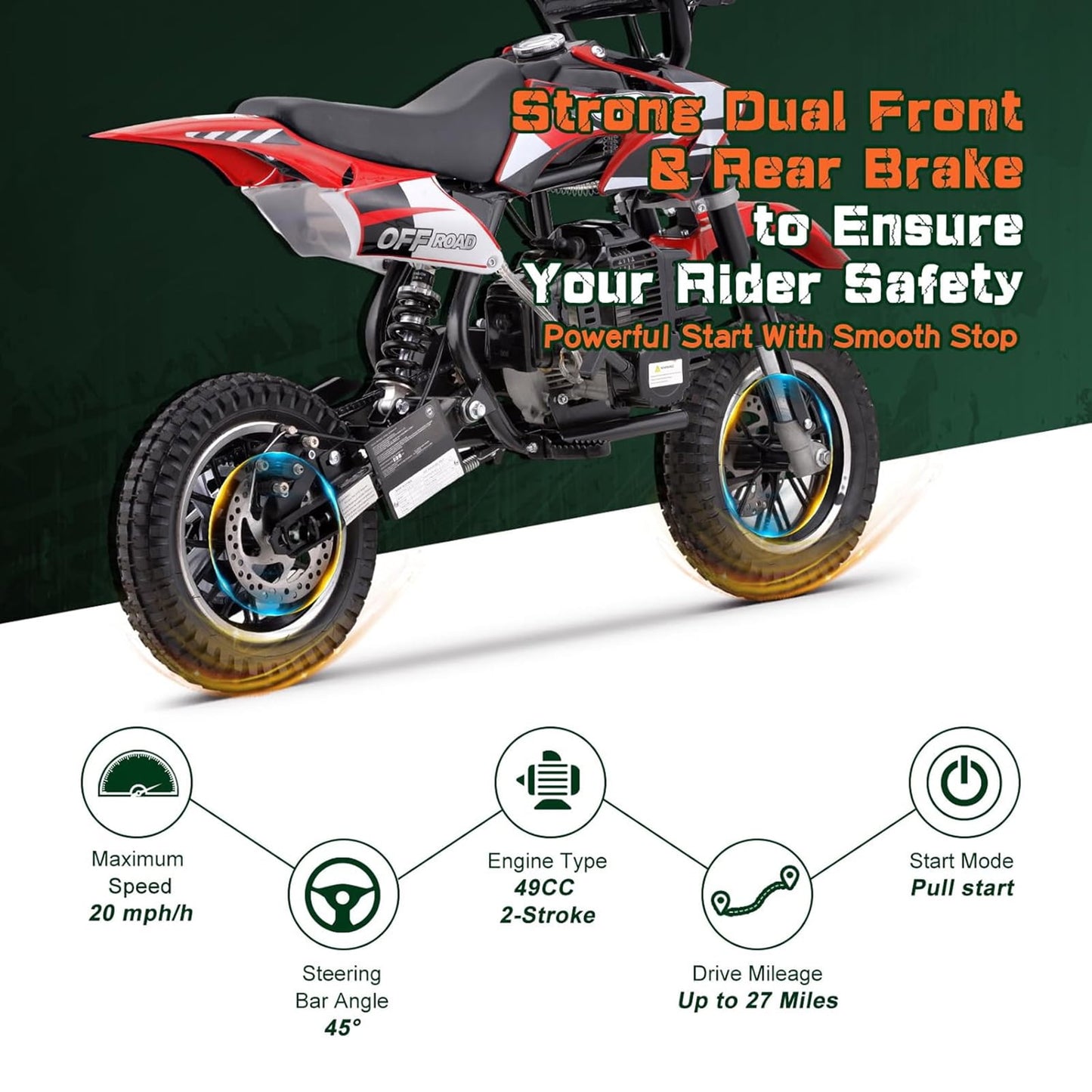 WAWA 49CC Dirt Bike, Mini Bike 2-Stroke Gas Powered off Road with Max Speed 20MPH, Pull Start