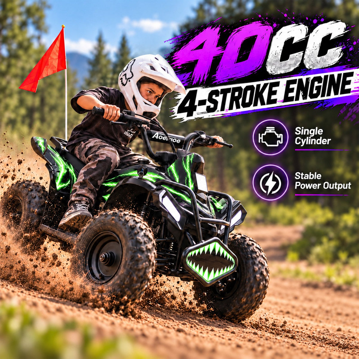 39cc Teen Gas ATV, Gas Powered 4 Wheeler for Teens 16+, 4-Stroke Beginner ATV, Up to 15 MPH, Adjustable Speed, Safety Switches, Front & Rear Brake - Green