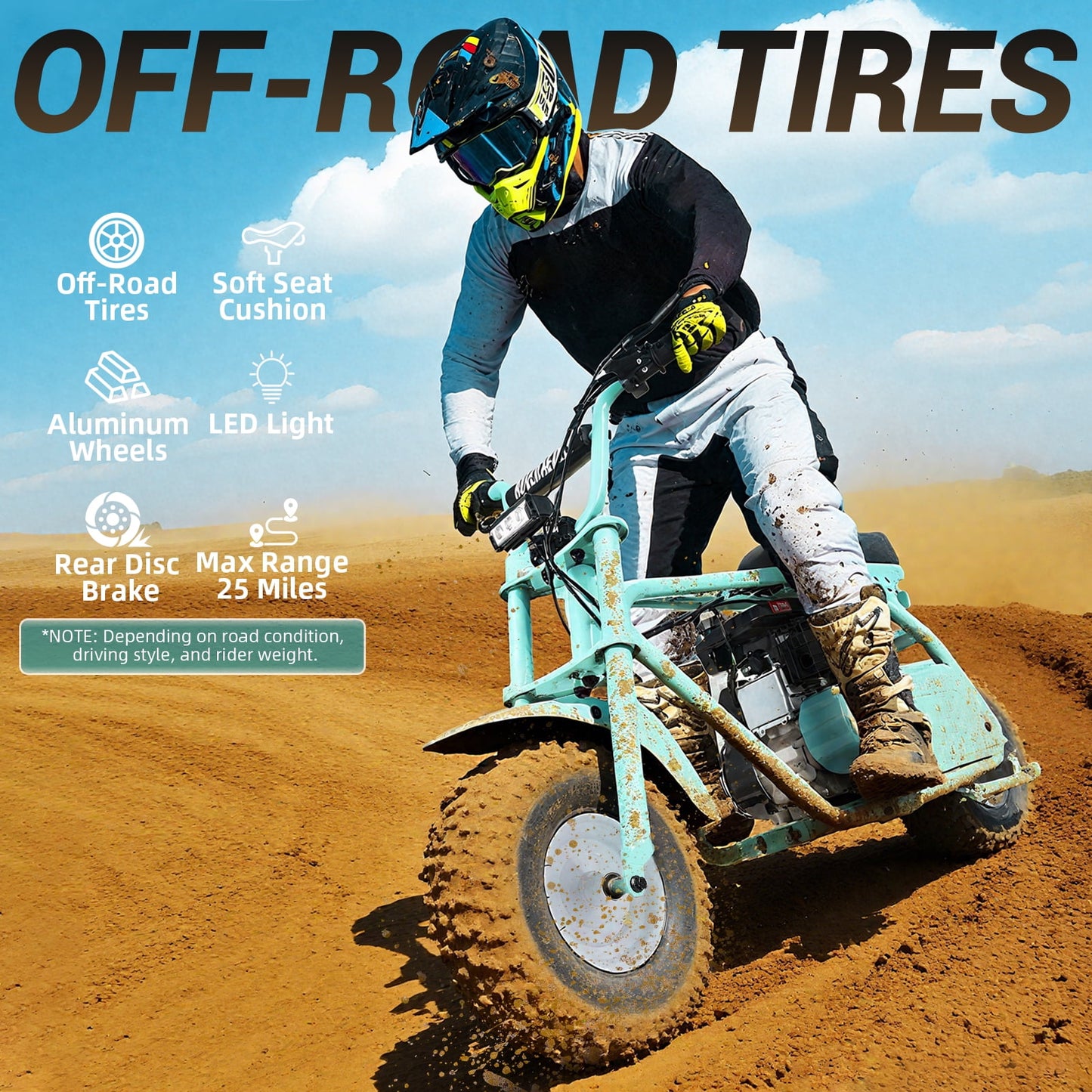 HOVERHEART Gas Mountain Bike, 105cc 4-Stroke Gas Powered Off Road Motorcycle (Model-MB0001) with Led Lights, Disc Brake, Max Load 200Lbs, Up to 30Kph, NO OIL MIX REQUIRED