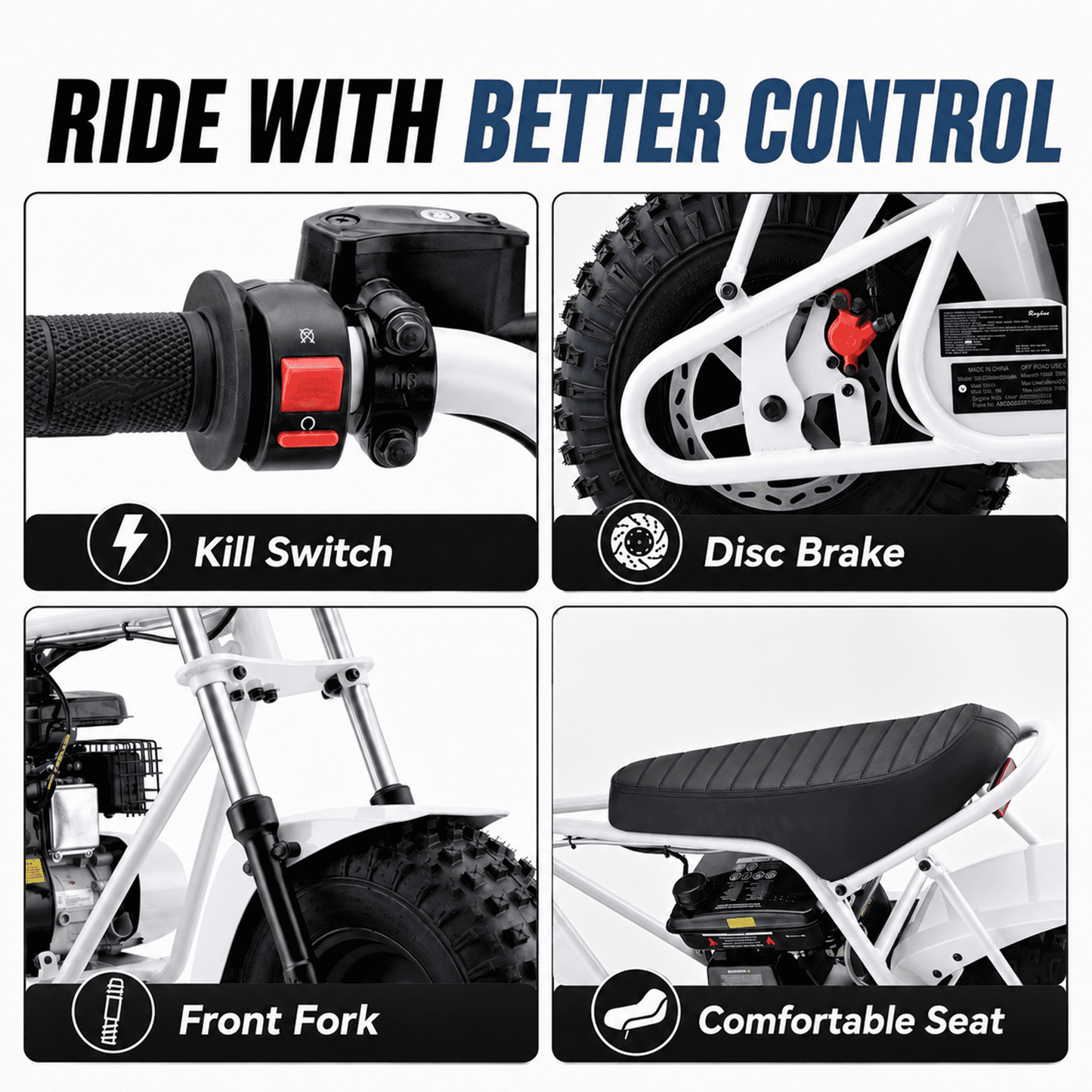 QEASET 105CC 4-Stroke Mini Bike with Shock Absorption, Off-Road Motorcycle, White
