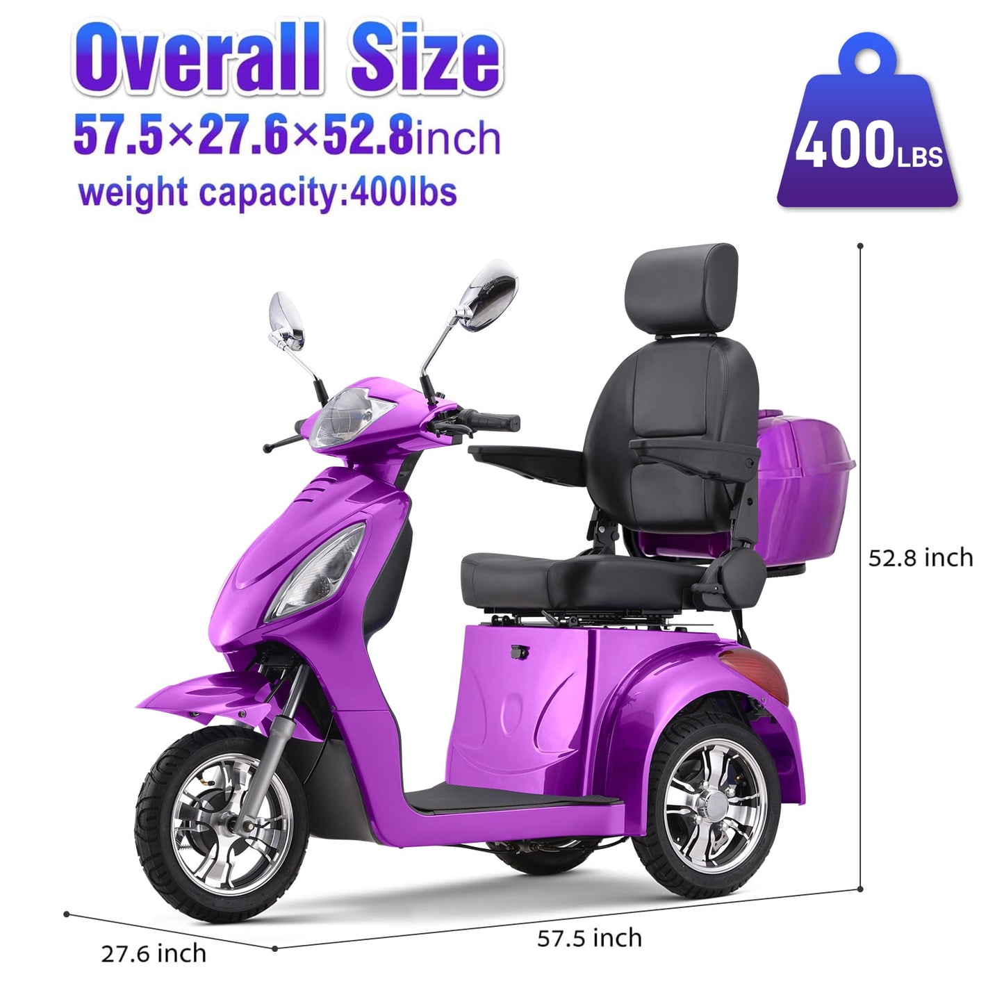 Aoemoe Electric Heavy Duty Mobility Scooters, Large 3-Wheels Wheelchair Device, 500 LBS Capacity for Seniors & Adults, Speed Adjust, Remote Key, Ship Fully Assembled and Ready to Ride (Purple)