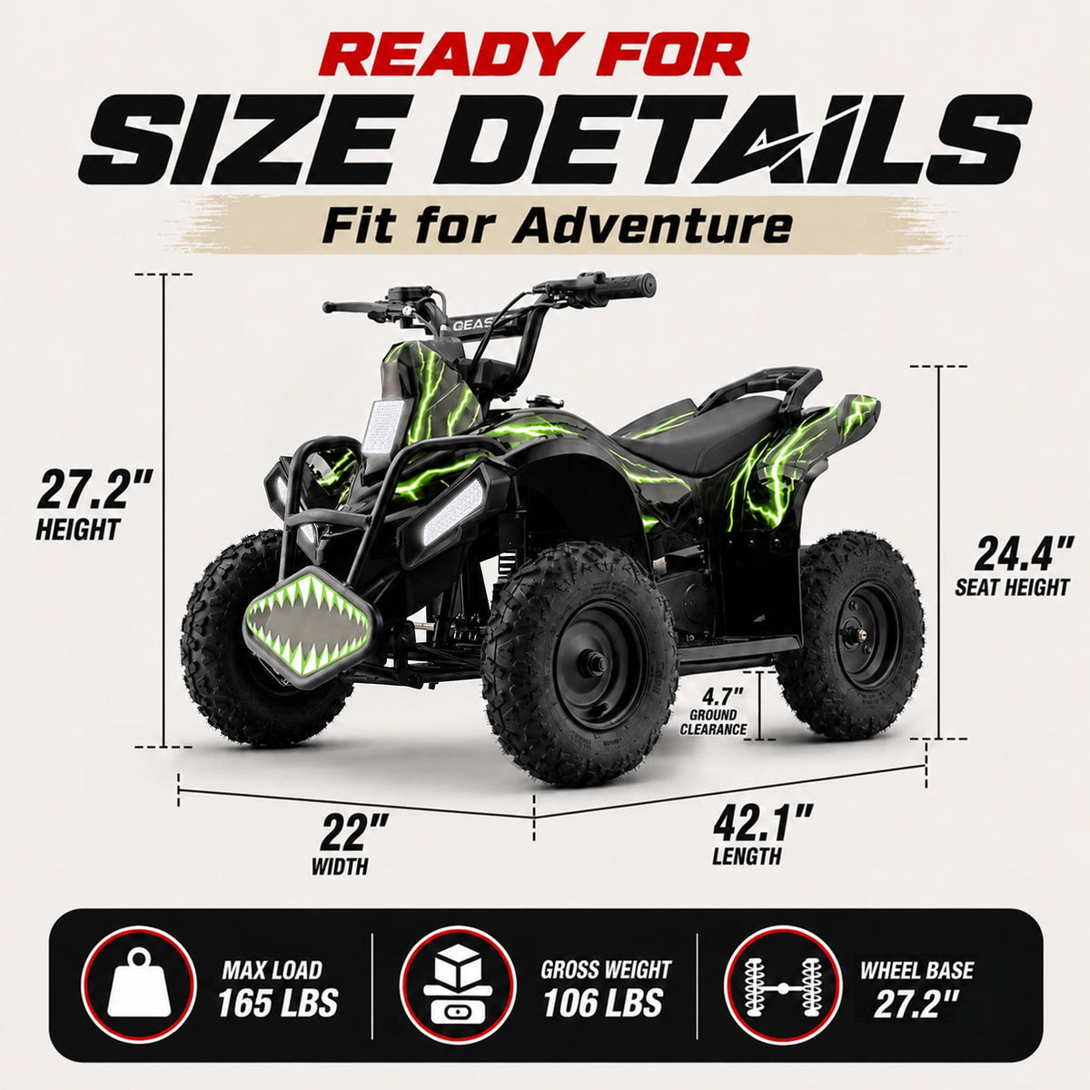 39cc Teen Gas ATV, Gas Powered 4 Wheeler for Teens 16+, 4-Stroke Beginner ATV, Up to 15 MPH, Adjustable Speed, Safety Switches, Front & Rear Brakes - Green