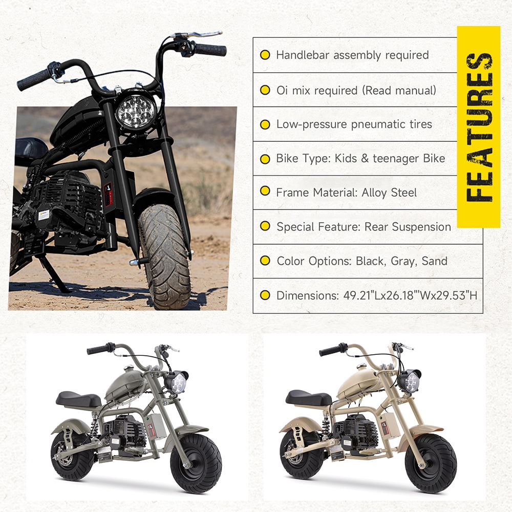 Aoemoe 49cc Gas Mini Chopper for Teens & Adults, Dirt Bike with Headlight, Rear Shock, Disc Brakes, 20MPH, Black
