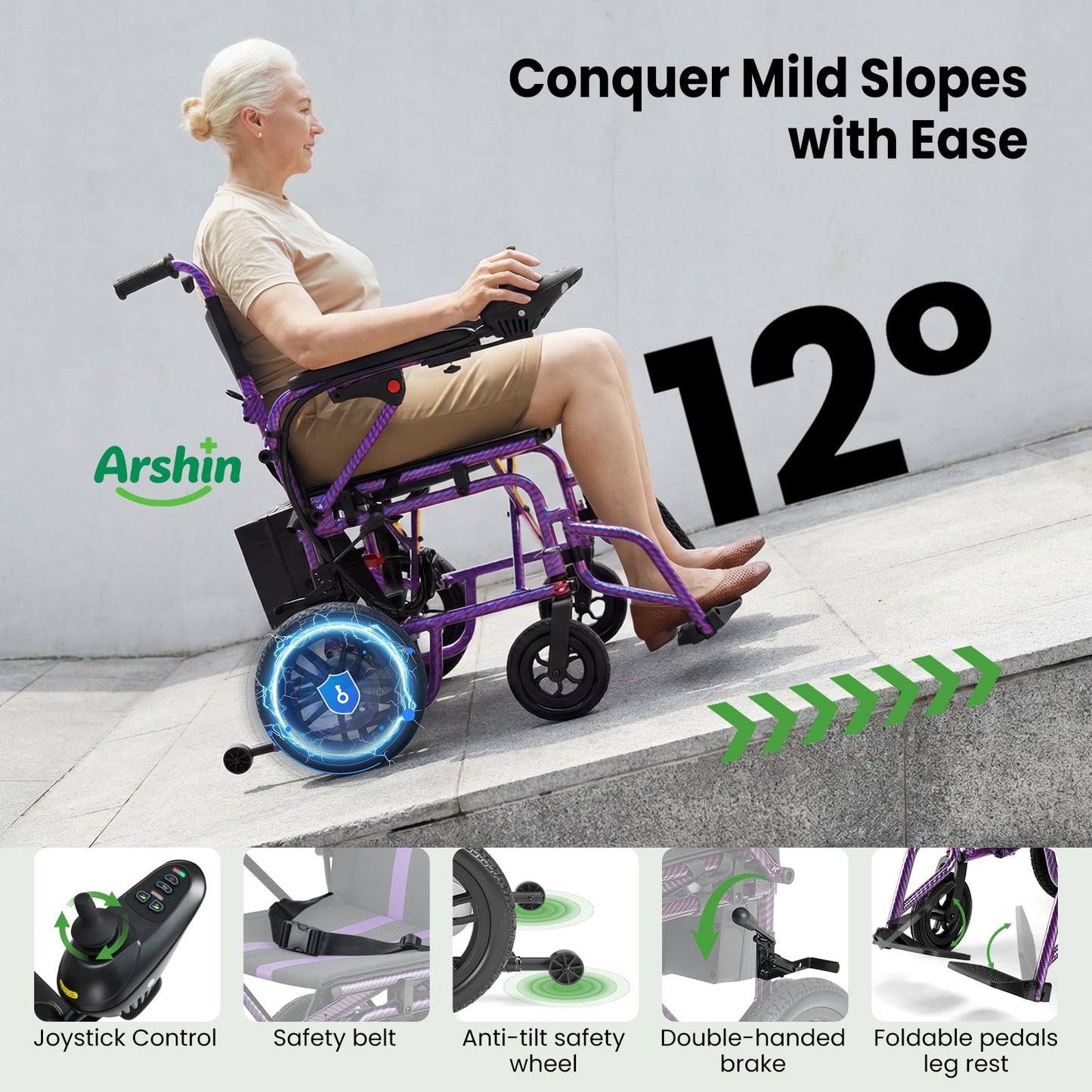 Lightweight Foldable Electric Wheelchair,20+ Miles,360°Joystick,Mom's Gift(Purple)