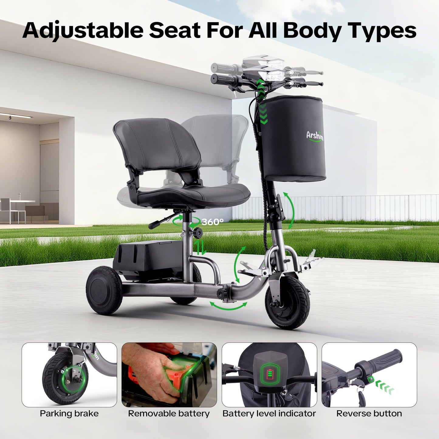Aoemoe Fold-N-Go 3-Wheel Electric Mobility Scooter – 50 lbs Ultra-Light, Dual Battery, 300 lb Capacity, Cruise & Travel Approved, Grey