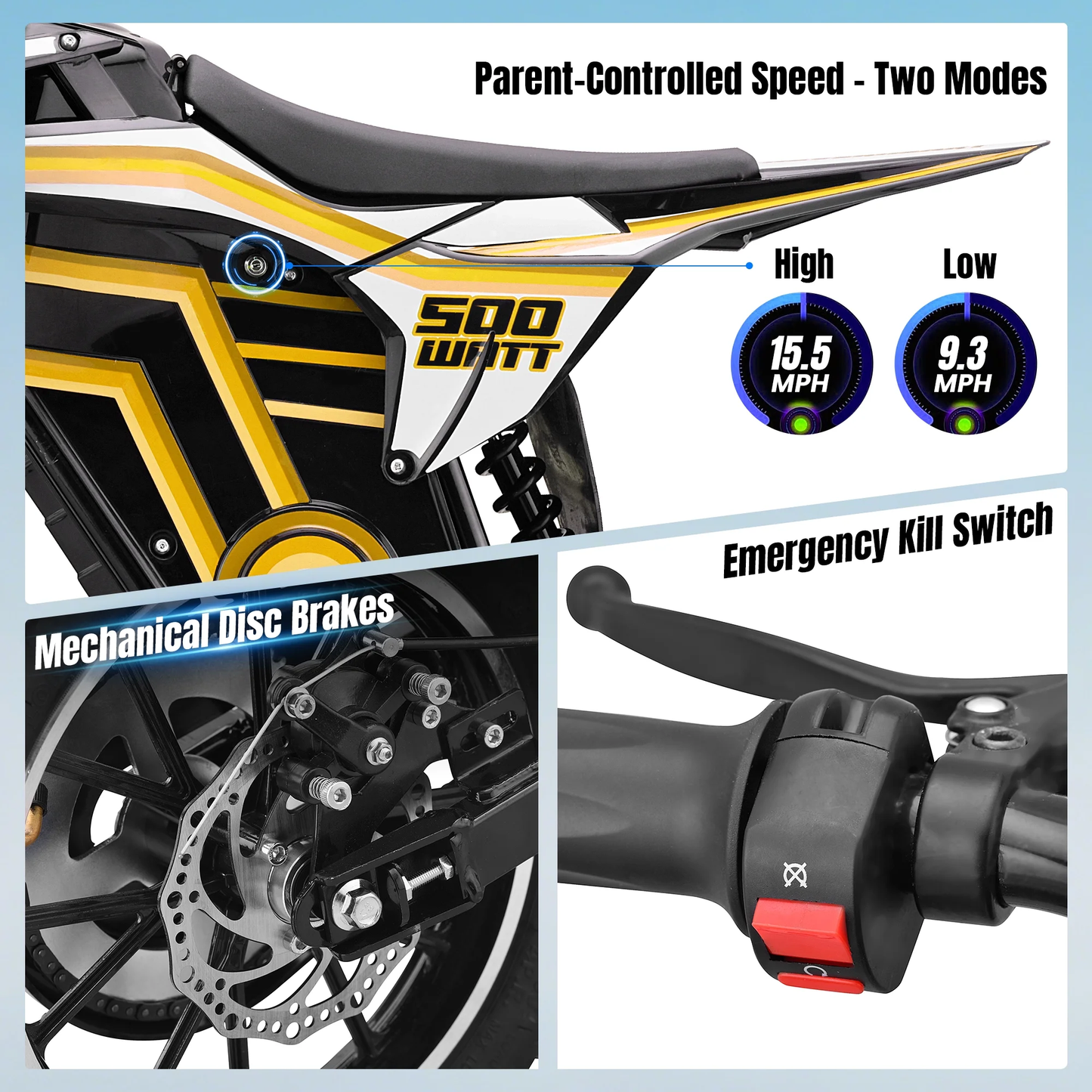 Aoemoe Motorcycle, Motorized Dirt Bikes for kids 8-14, 36V 500W – 15 MPH Top Speed, Dual Suspension, Yellow
