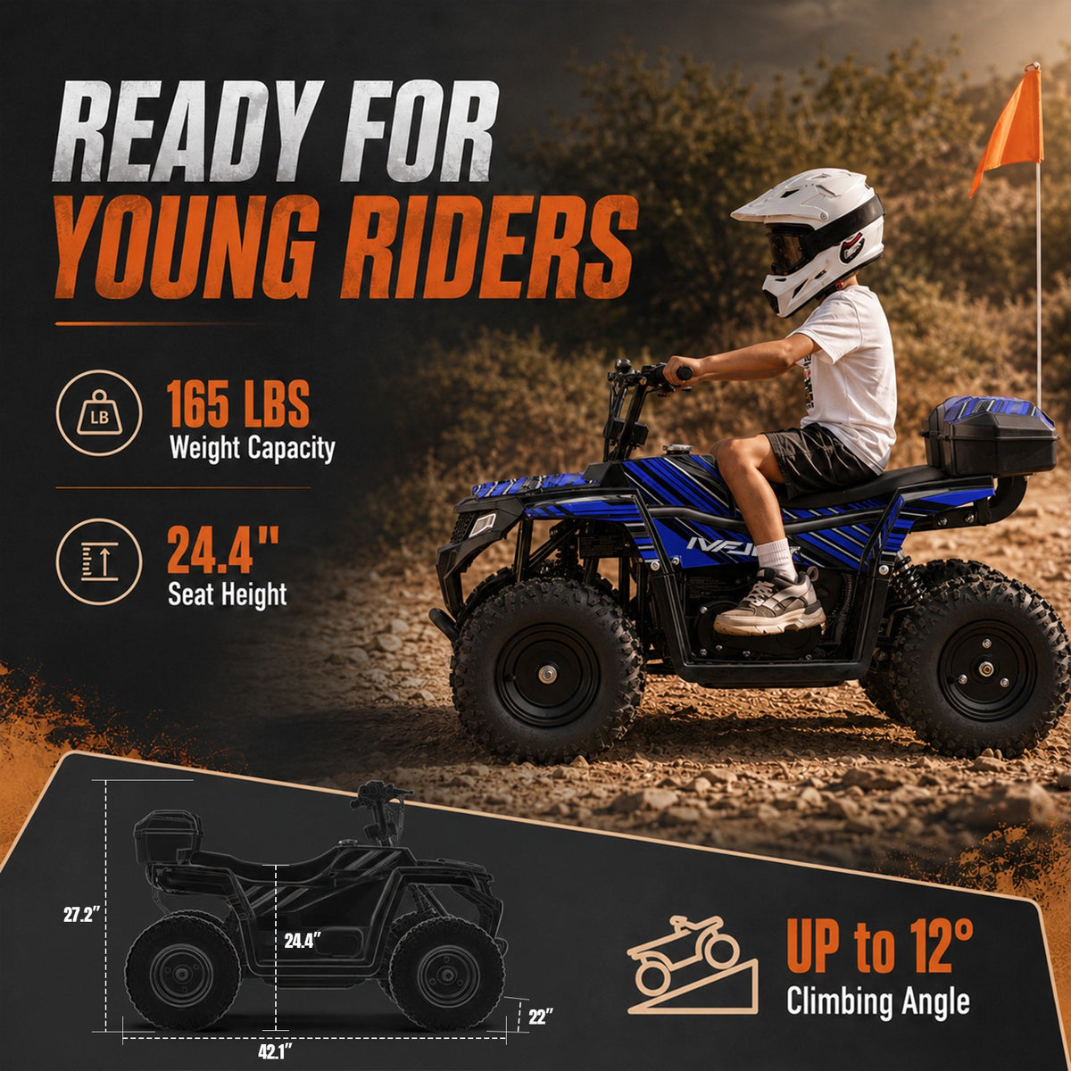 IVFJFV 40cc 4-Stroke 4-Wheeler,Dual-Speed Off-Road Car Gas Four-Wheeler,Gas Powered 4 Wheel with Key Lock & Parent Limited Speed 10-15MPH & Dual Shocks & All-terrain Tire,Chain Drive,Blue