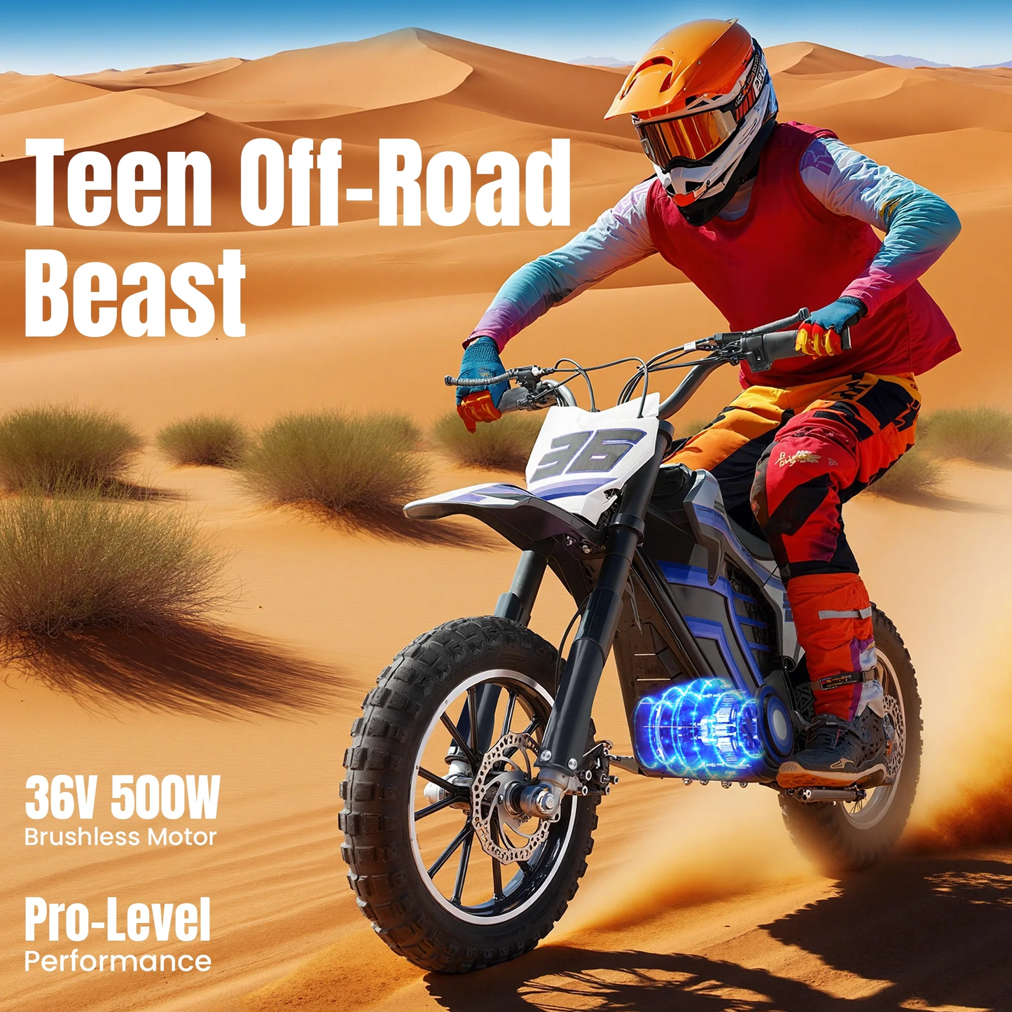 Aoemoe Motorcycle, Motorized Dirt Bikes for kids 8-14, 36V 500W – 15 MPH Top Speed, Dual Suspension, Blue