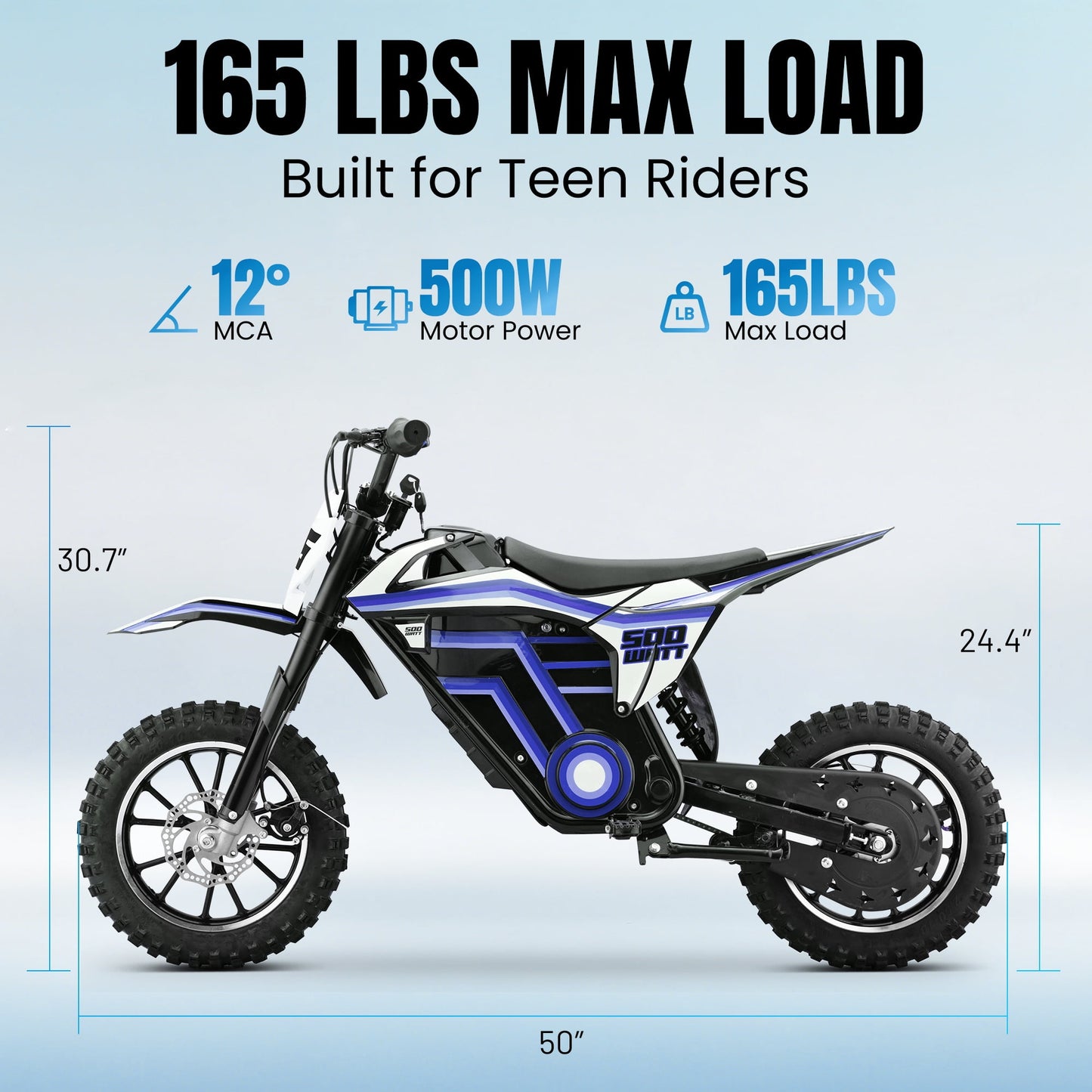 Arshin 500W Electric Dirt Bike for Kids Ages 8-14,23 Mile Range,15 MPH Adjustable,Zero Maintenance! Ideal Off-Road Birthday Gift with Dual Suspension,Disc Brake,165 Lbs Load(Blue)