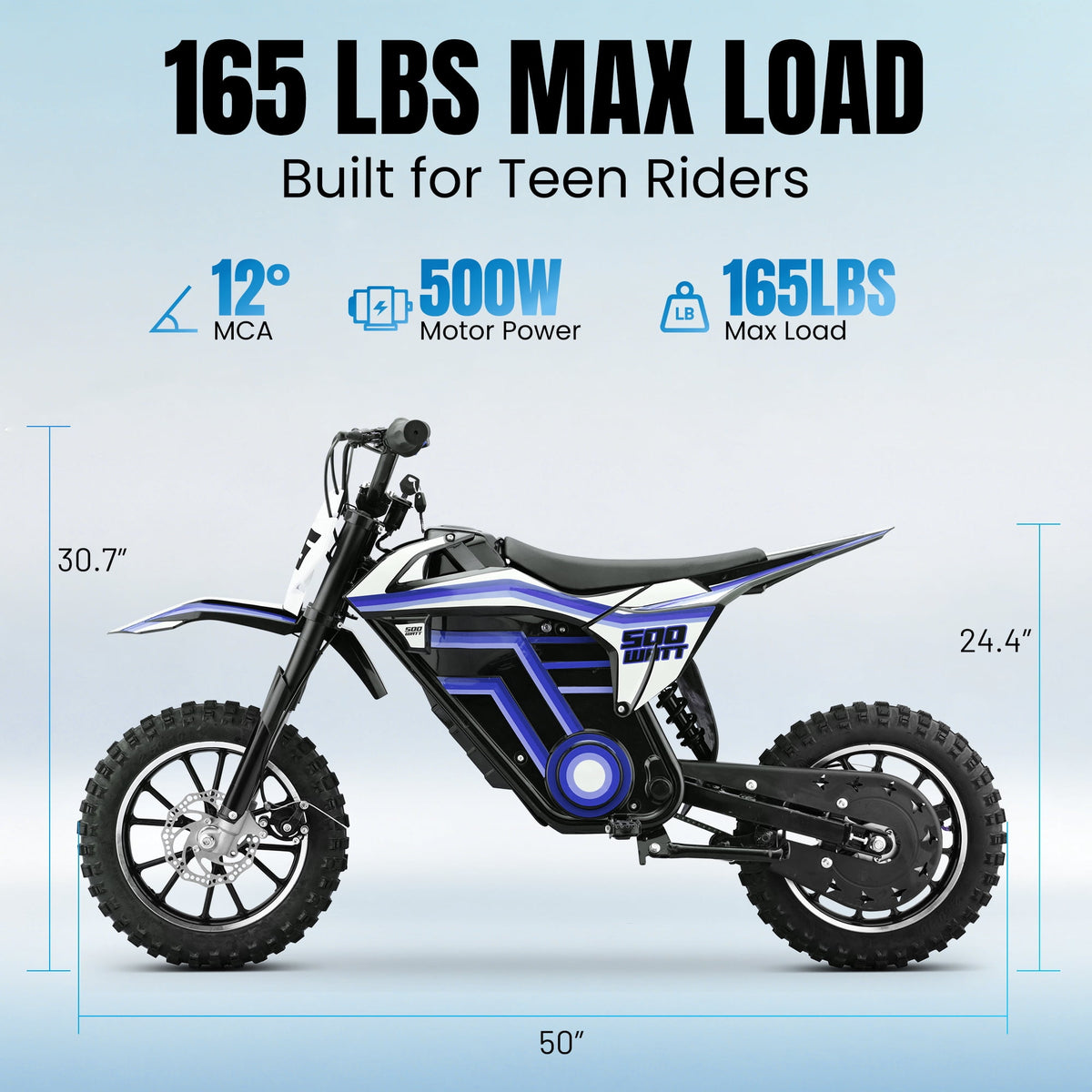 Arshin 500W Electric Dirt Bike for Kids Ages 8-14,23 Mile Range,15 MPH Adjustable,Zero Maintenance! Ideal Off-Road Birthday Gift with Dual Suspension,Disc Brake,165 Lbs Load(Blue)
