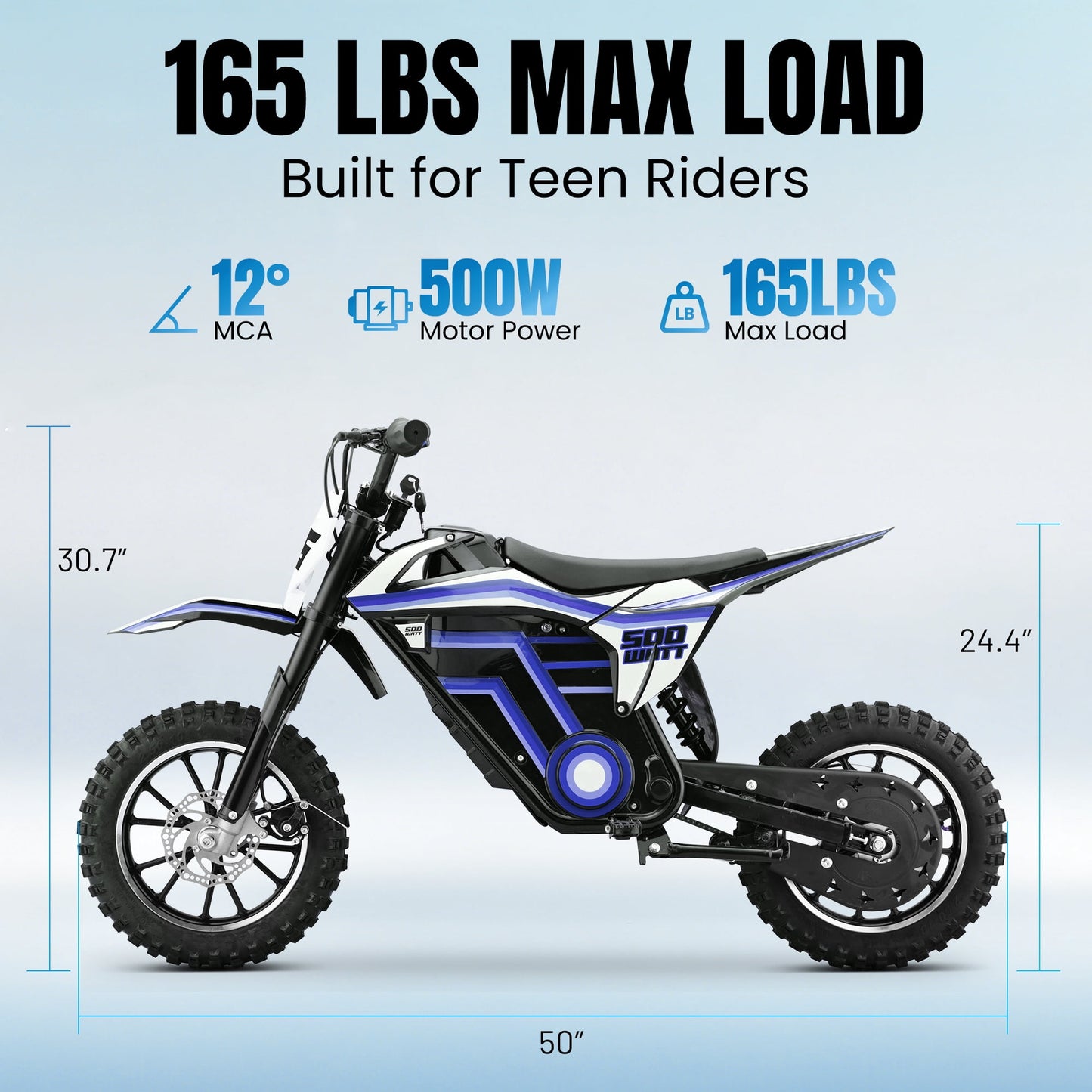 36V Electric Dirt Bike for Kids,IVFJFV 500W Kids Electric Dirt Bike, All Terrain Off-Road E Dirt Bike with Front & Rear Disc Brakes,Dual Speed Mode Max 17.4 MPH,23.6 Miles Long Range,BLUE