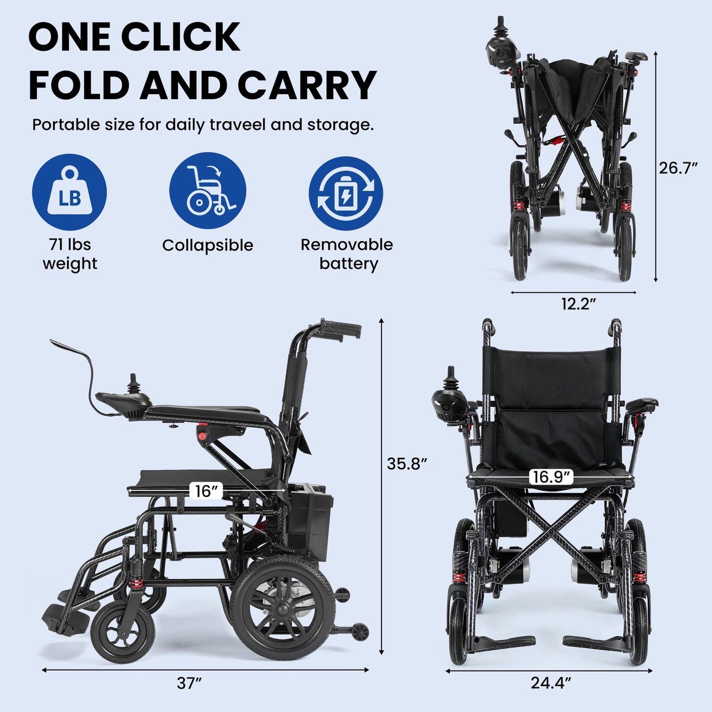 Electric Wheelchairs for Adults，Lightweight Foldable Wheelchair 15 Miles Long Travel Range, 360° Joystick Control Motorized Wheelchair, Support 286 lbs with LED Light Power Wheelchair (Black)