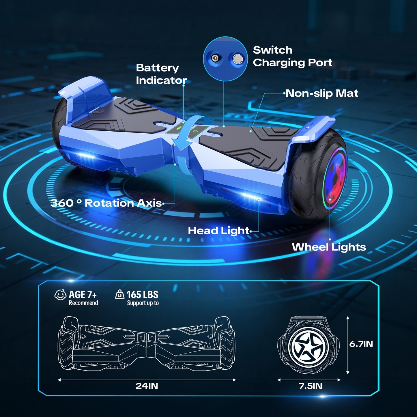 MOSTA All Terrain Self-Balance Scoote ,Electric Scooter Board for Kids & Adults with Bluetooth and Led Lights,6.5 inch,165 lbs capacity Perfect Gift