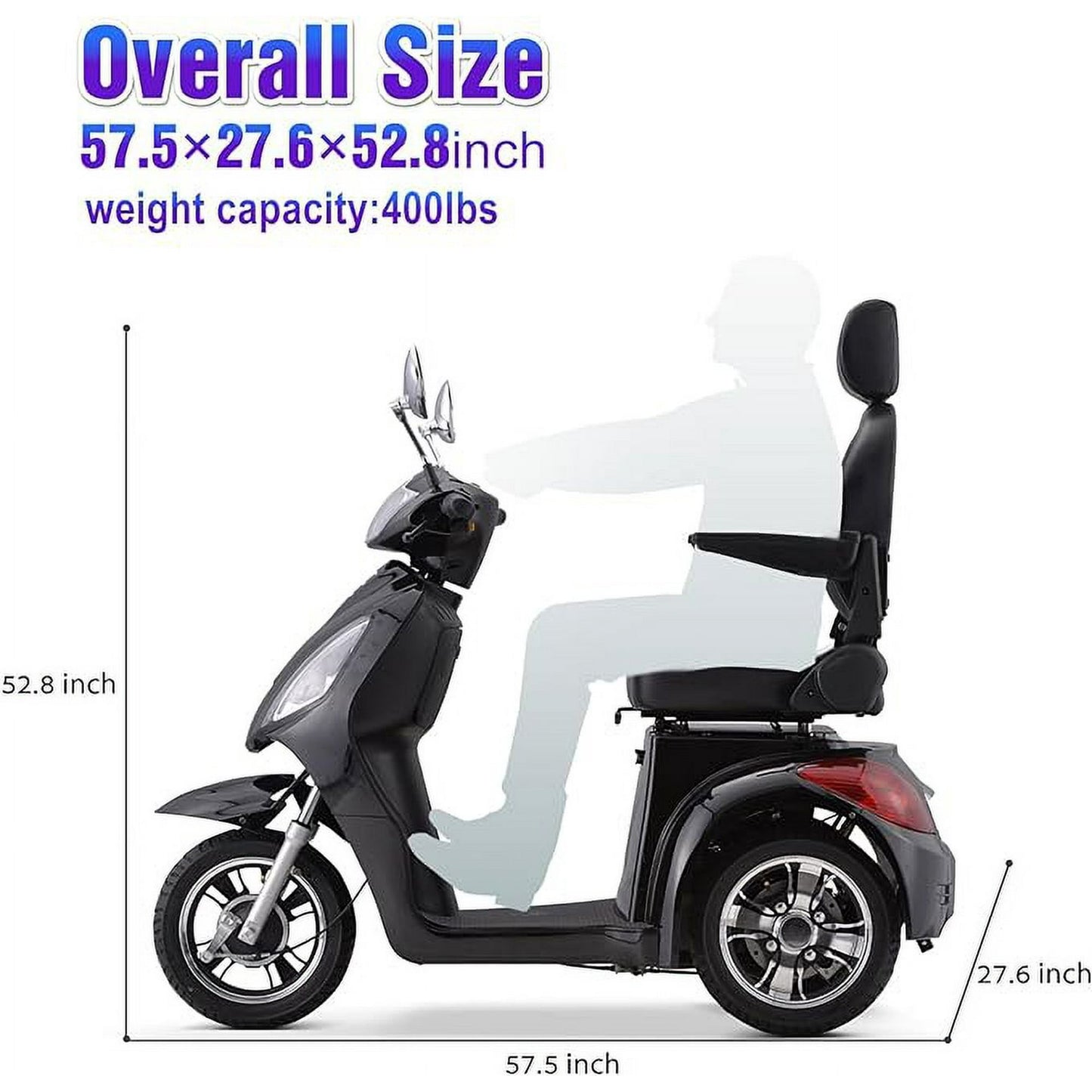 SKRT Electric Large 3 Wheel Mobility Scooters, Heavy Duty Wheelchair Device, 400 LBS Capacity for Seniors & Adults, Speed Adjust, Remote Key, Assembled In US, Receive Ready to Ride
