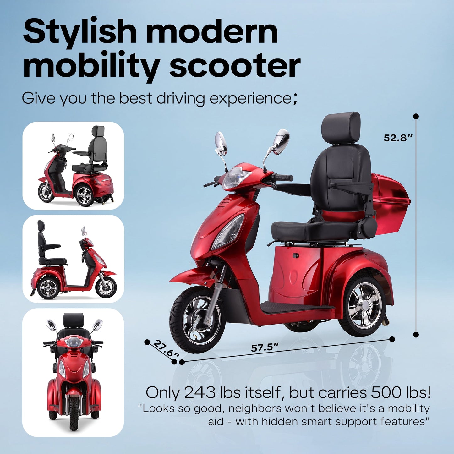 Upgrade Heavy Duty 3 Wheel Mobility Scooter for Seniors & Adults 500lbs Capacity,Arshin Electric Powered Wheelchair Device for Travel,800W All Terrain Mobility Scooter,31 Miles Range,7-15 Mph(Red)