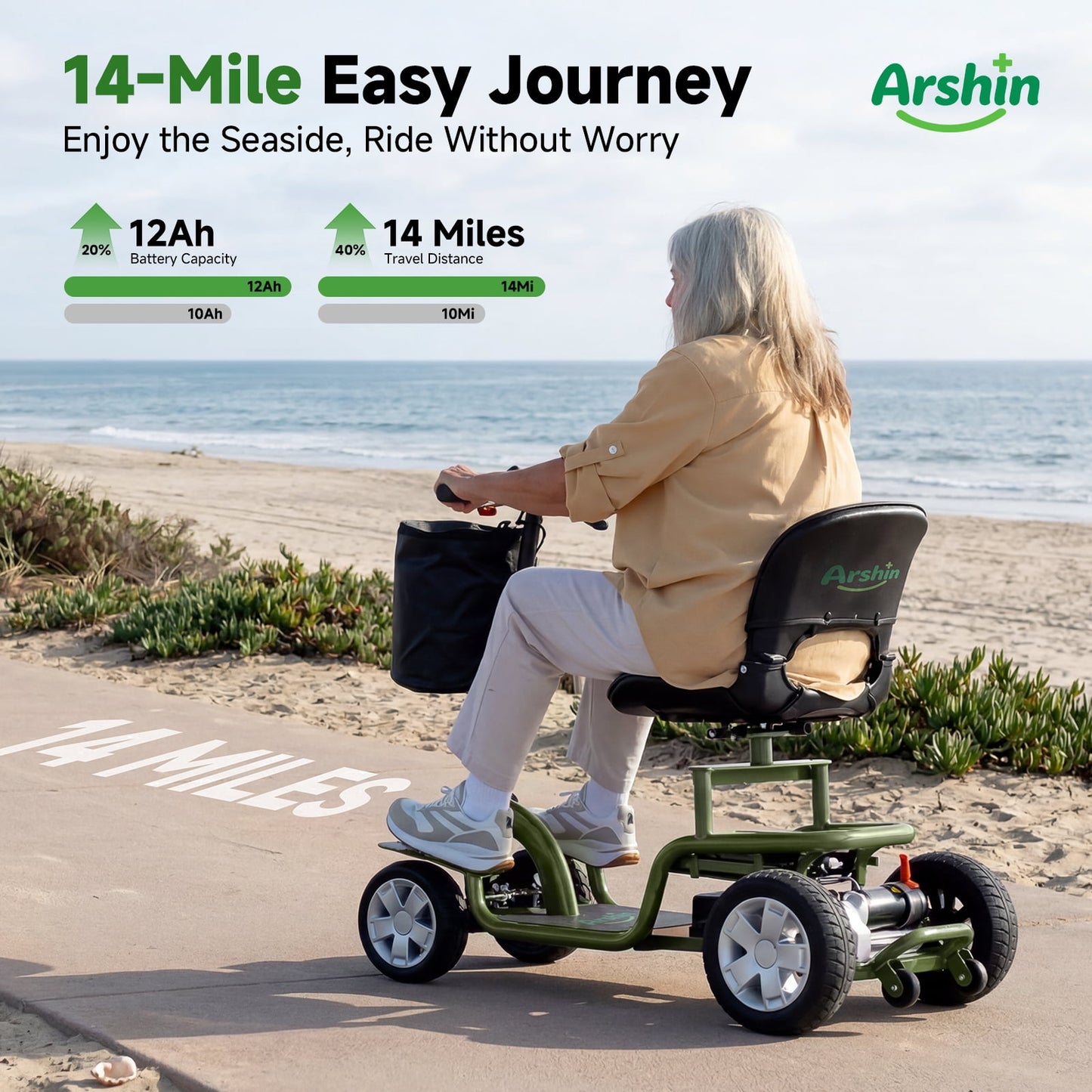 Arshin Mobility Scooter for Seniors & Adults,24V 250W Lightweight Foldable,300 lbs Capacity,Adjustable Speed(Green)