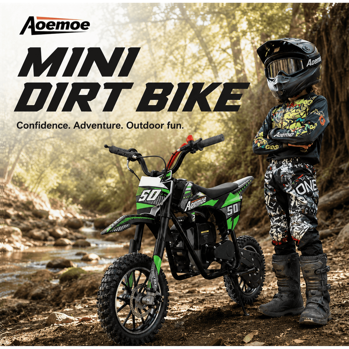 Aoemoe 39cc motor bike, 20mph gas dirt bikes for boys 8 12, Disc Brakes, Max Load 165Lbs, kids dirt bike, Green
