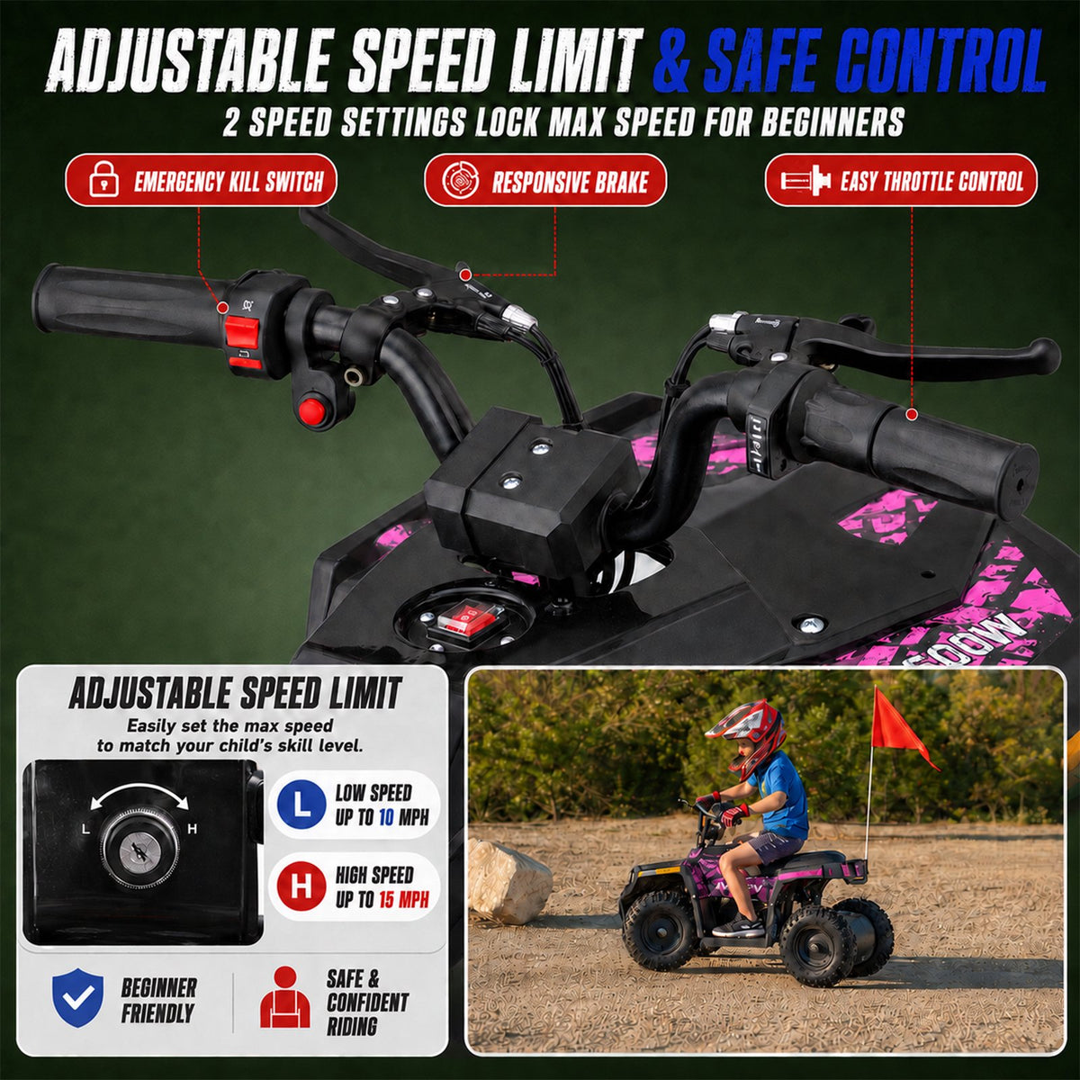 36V Electric 500W Motor 4-Wheeler with Front & Rear Suspension, IVFJFV Electric 4-wheel Off-Road Tires & Safety Flag & LED Headlights,Power Ride on Car for Age 6+