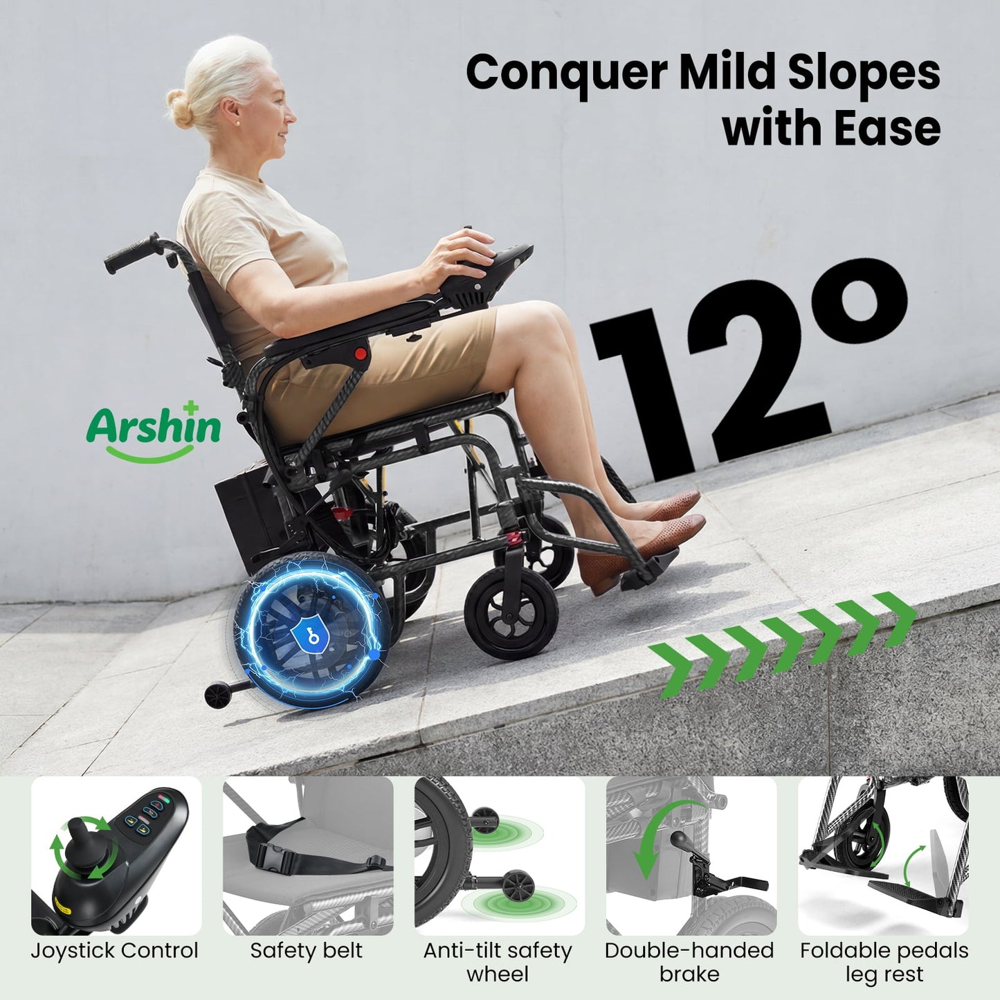 Arshin Electric Wheelchair Lightweight Foldable,20+ Miles Electric Wheelchairs for Adults,360°Joystick Motorized Wheelchair,286+ lbs Capacity,Black