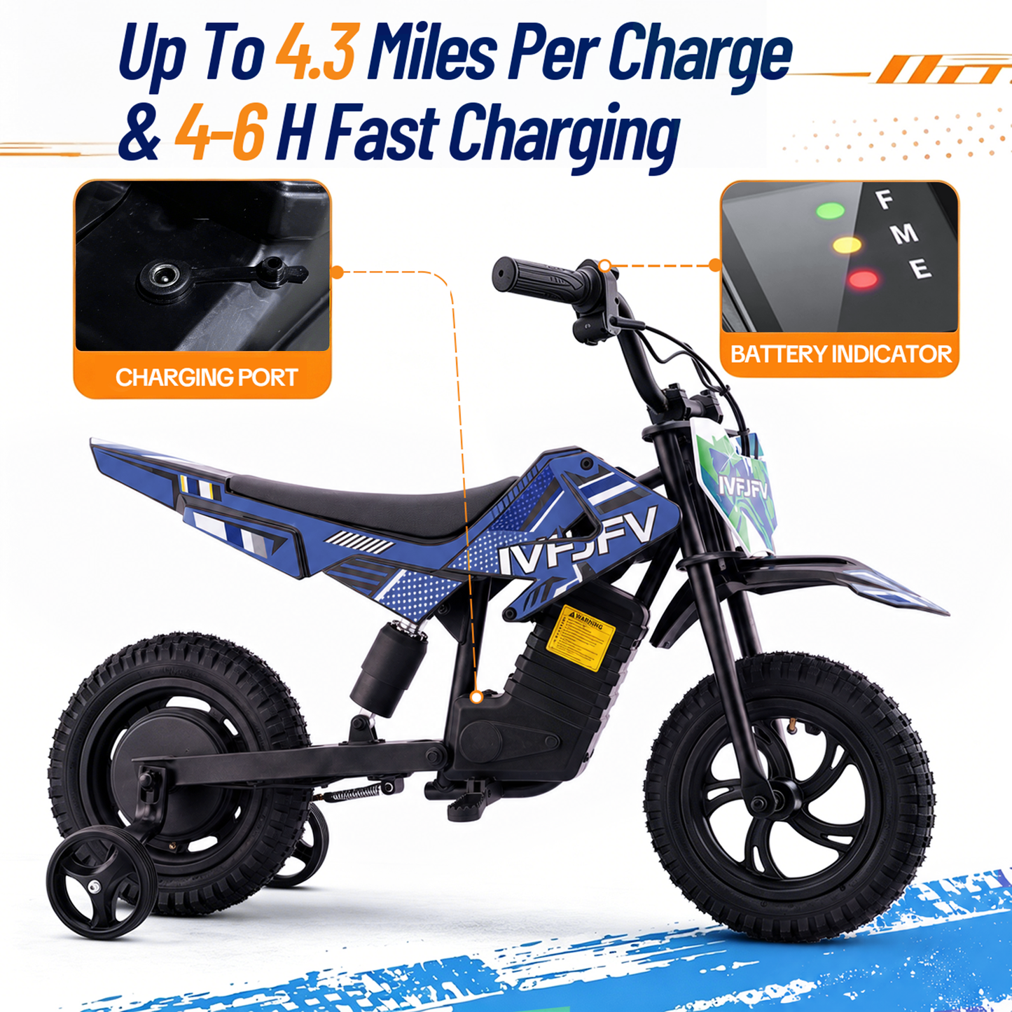 IVFJFV DZ06 Electric-Powered Dirt Bike,Motor Bike Rear-wheel drive with Removable Training Wheels,E Dirt Bike with 12.5" Tire & 120W Motor,6.2 Mph & 4.3 Miles,BLUE