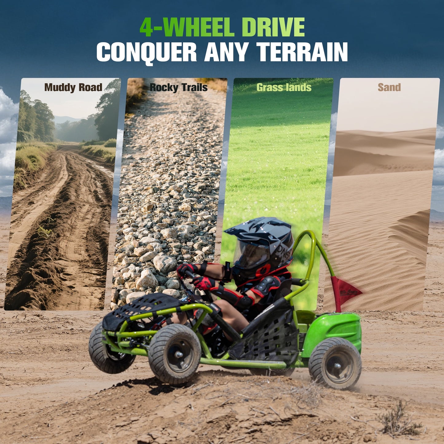 QEASET 48V Electric Go-Kart 1000W Brushless Motor, 20mph Max, 13" All-Terrain Tires, High-Tensile Steel Frame, 4-Point Seat Belt, 3-Speed Control, Hydraulic Disc Brake,Green