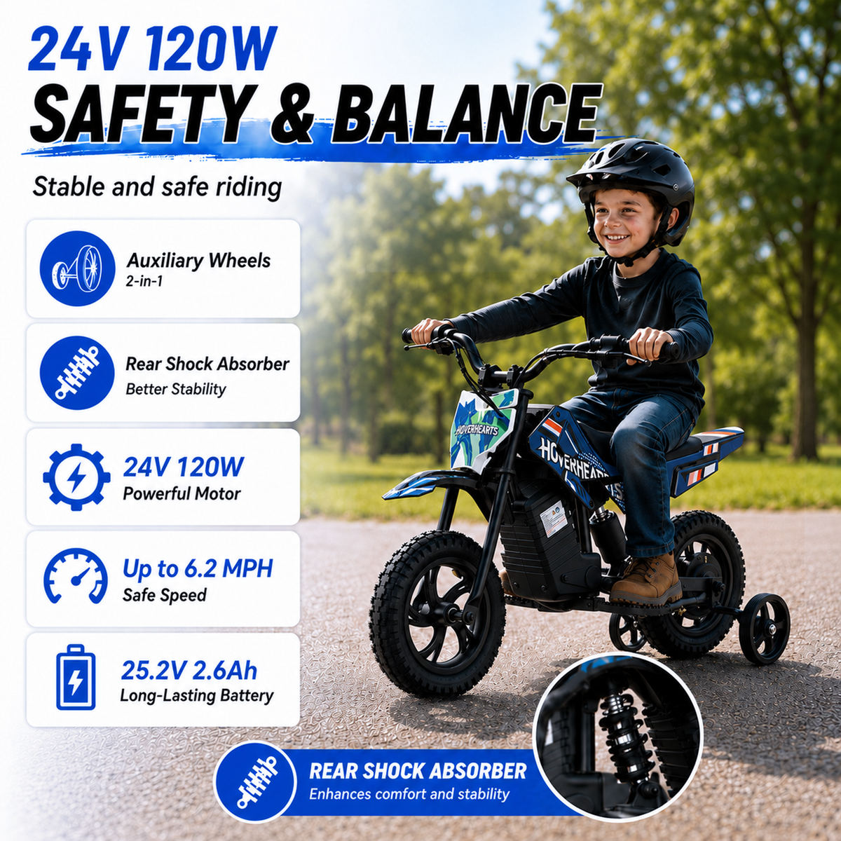 Aoemoe Electric Ride On Mini Bike for Beginners, 25.2V 2.6Ah Battery, Training Wheels & Rear Shock, 6.2 MPH Max Speed, All-Terrain Outdoor Toy, Blue