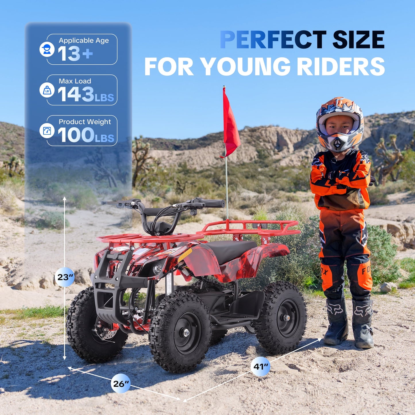 Electric 4 Wheeler,IVFJFV Dual Speed 10-15 MPH 4 Wheel with Parental Safety Key, 15 Miles Max Range,36V Ride on Car with Front & Rear Suspension & 10 Inch All-Terrain Wheels for Trail,Flame