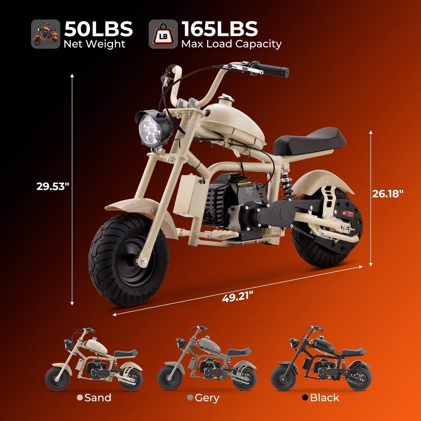 QEASET 39cc Gas Mini Bike,4-Stroke, Off-Road Ride-On Motorcycle, Top Speed 18 mph, 165 lb Capacity, Black
