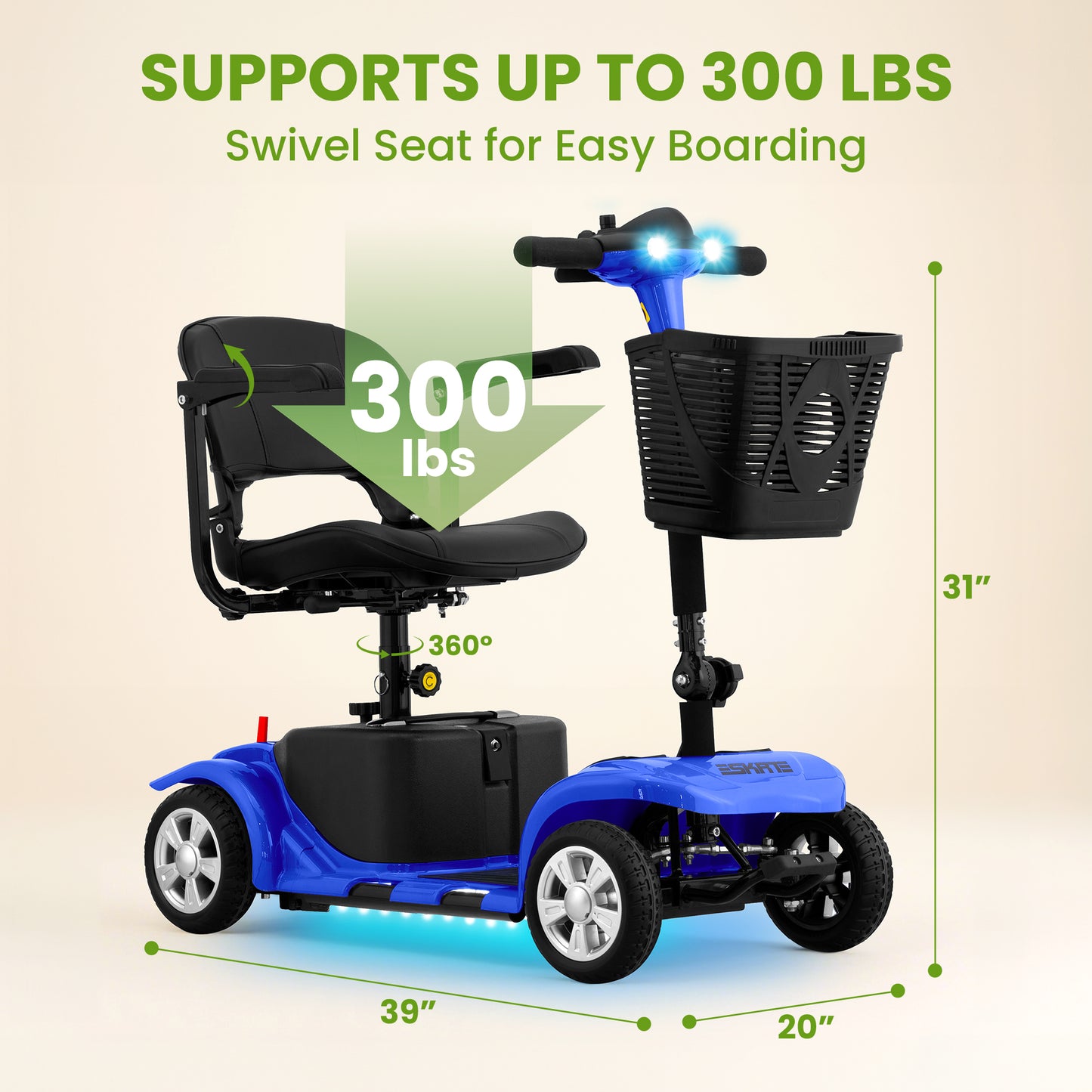 Scooter for Adults, Senior, skmc 4 Wheels Electric Powered Chargeable Device Lightweight and Portable Charger Included