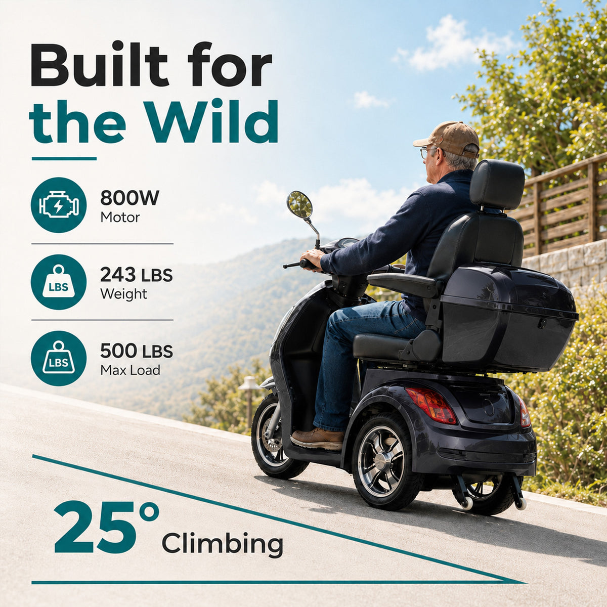 LiltJan 3-Wheel Electric Mobility Scooter for Seniors, 500lb Heavy Duty Capacity Power Scooter, 800W Motorized Medical Scooter with 31-Mile Long Battery Life