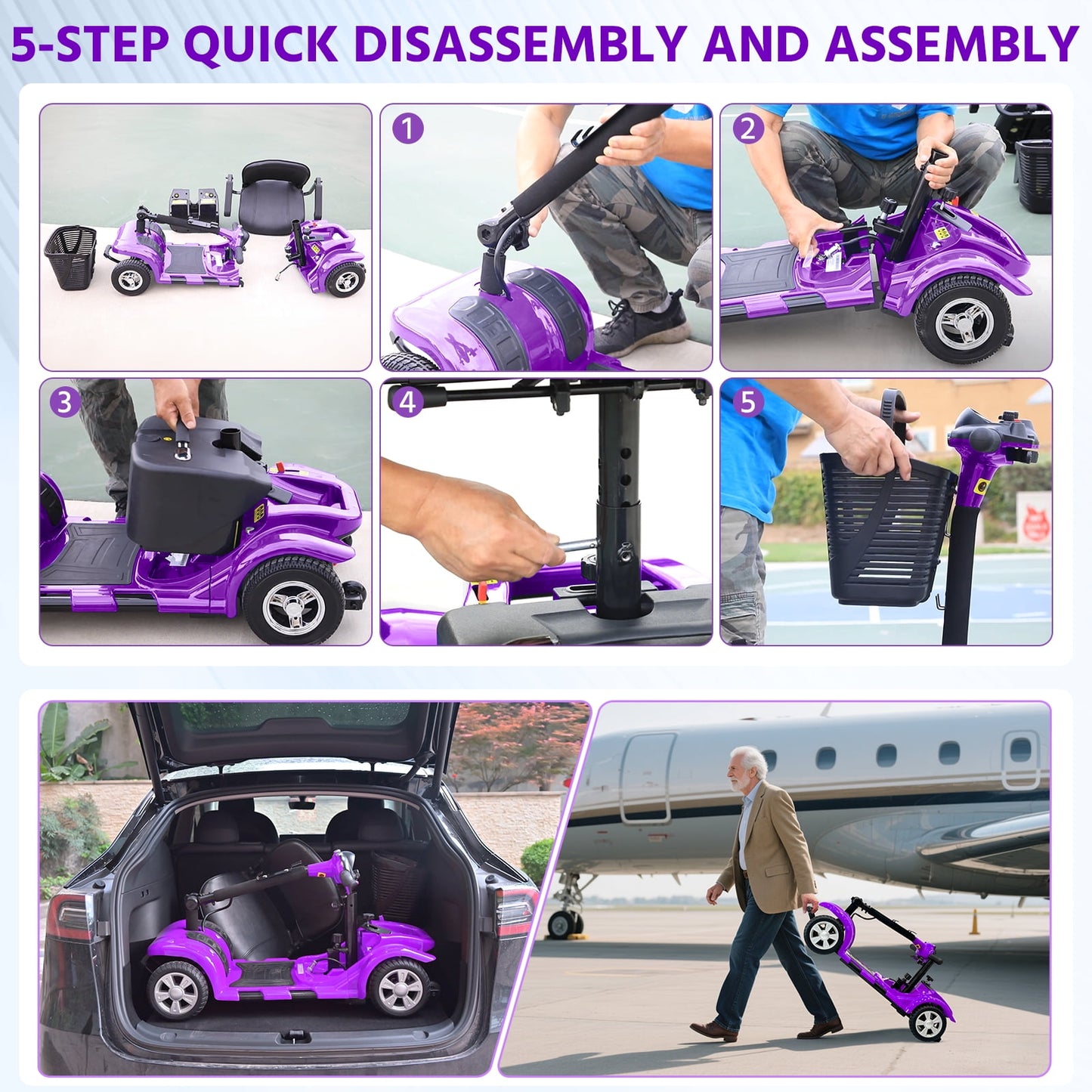 Arshin 4 Wheels Mobility Scooter with USB Port for Seniors,Electric Folding Wheelchair Device for Travel,Purple
