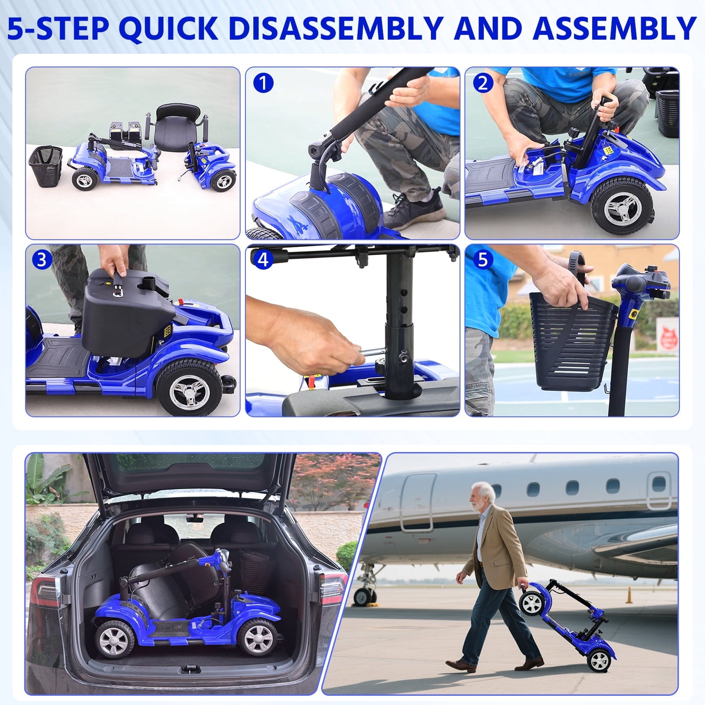 Arshin 4 Wheels Mobility Scooter with USB Port for Seniors,Electric Folding Wheelchair Device for Travel,Blue