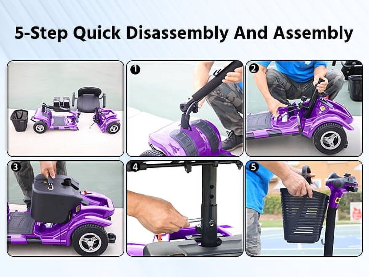 4 Wheels Mobility Scooter for Adults, Senior Electric Powered Chargeable Device for Travel, Lightweight and Portable, with LED Headlights and Basket, Charger Included (Purple)