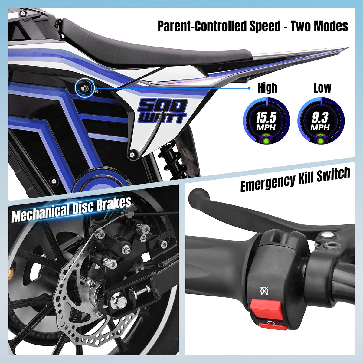 Arshin 500W Electric Dirt Bike for Kids Ages 8-14,23 Mile Range,15 MPH Adjustable,Zero Maintenance! Ideal Off-Road Birthday Gift with Dual Suspension,Disc Brake,165 Lbs Load(Blue)