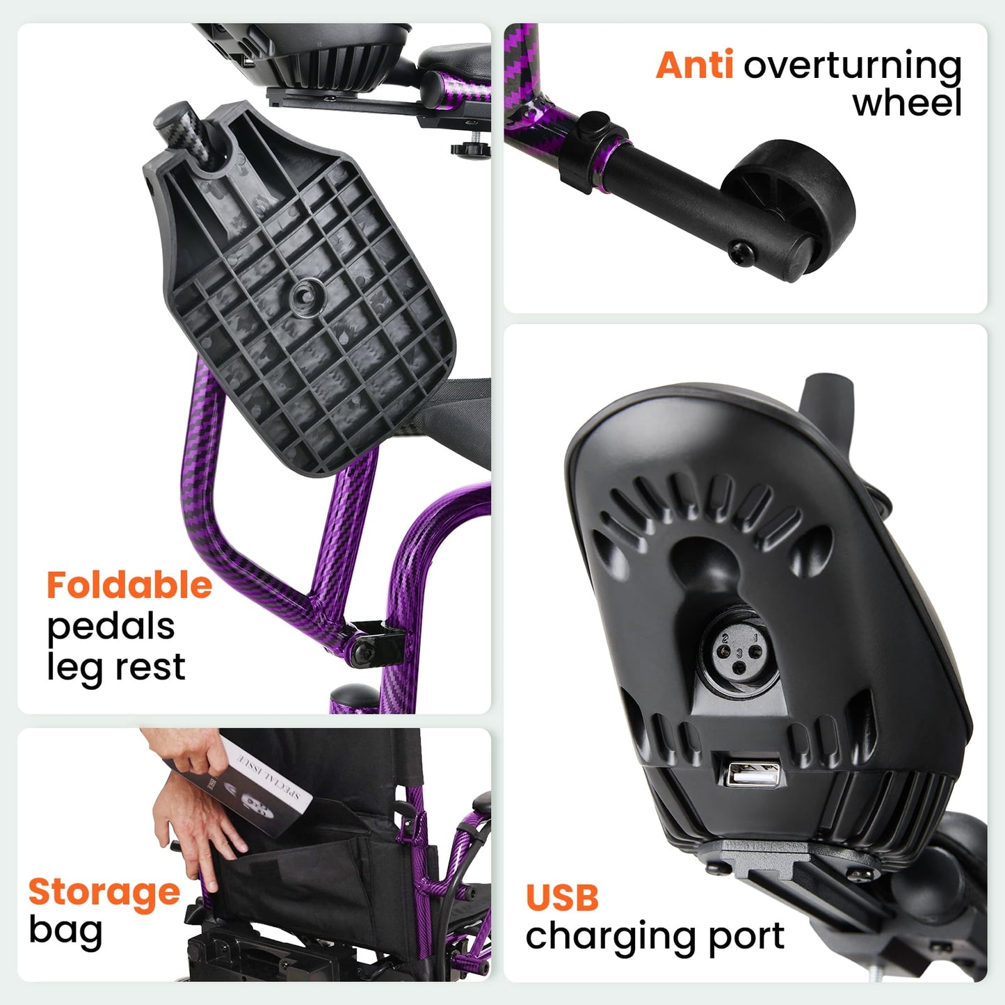 Arshin Electric Wheelchairs for Adults 20+ Miles Range,Silent Electric Wheelchair Lightweight Foldable with 360°Joystick,All Terrain Dual Motors,286+ lbs Capacity(Purple)